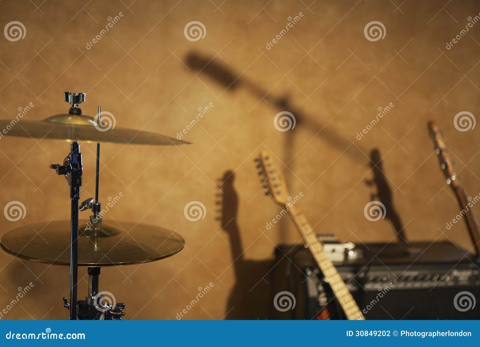 Drum Cymbals and Guitars by Amplifier Stock Photo Image of instrument