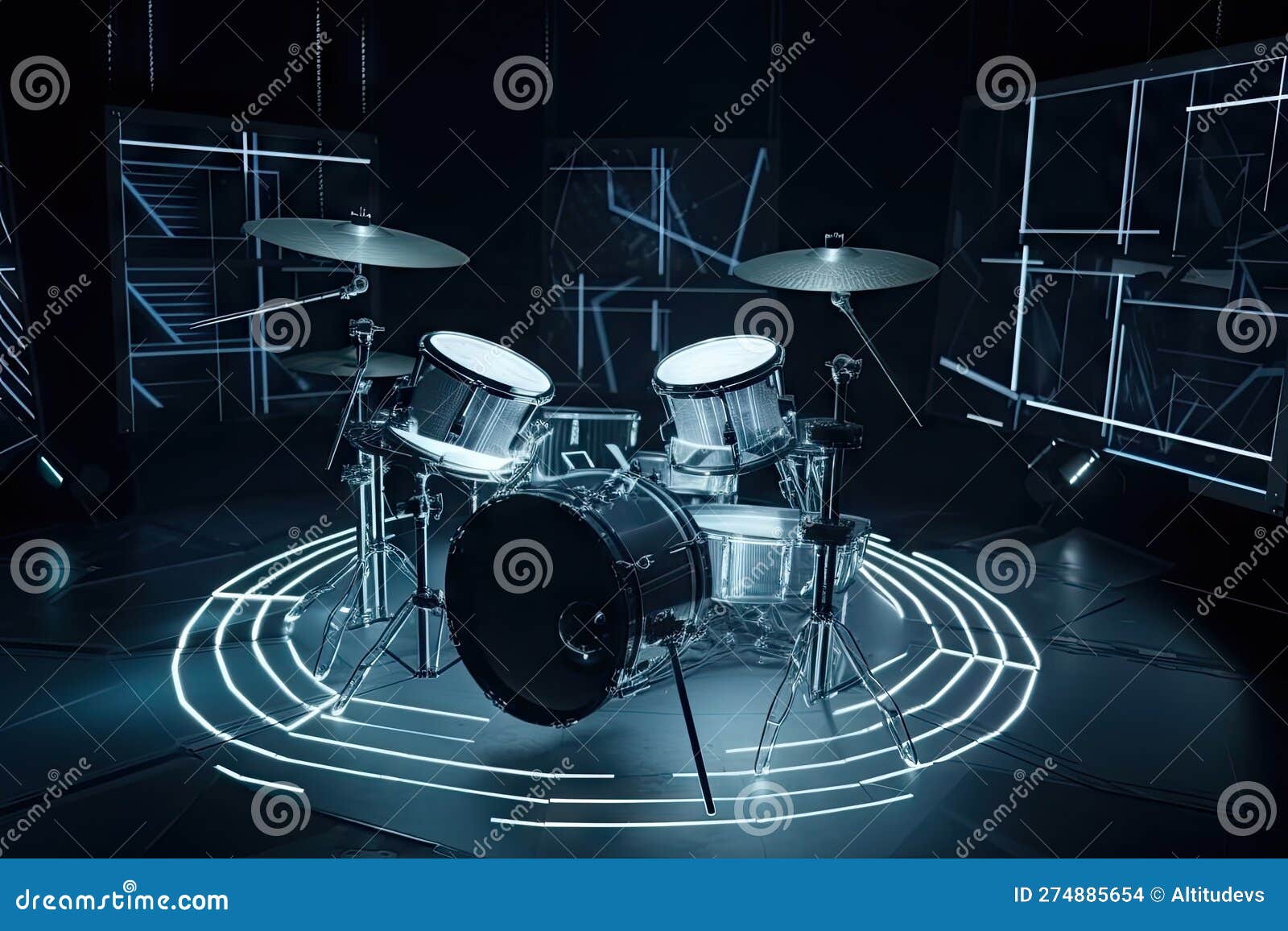 Drum Kit with Electronic Drumsticks and Drums in Futuristic, Hightech