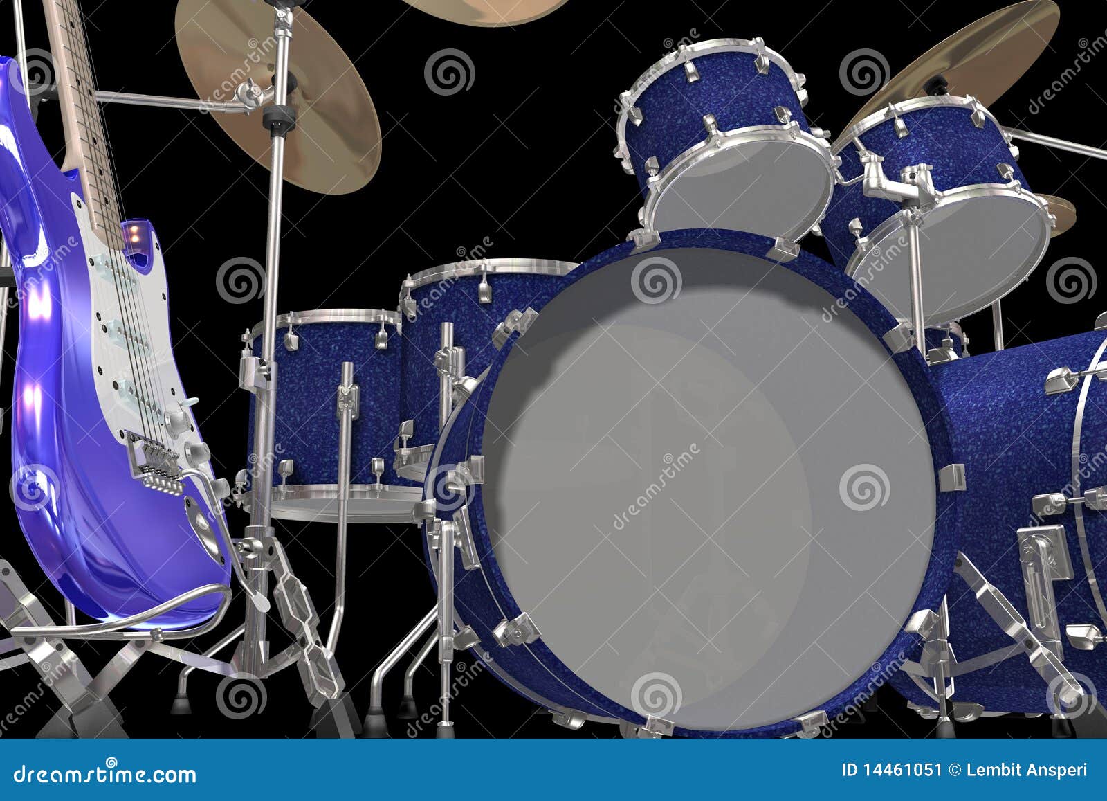 Drum Kit Guitar and Trumpet Isolated on a Black Stock Illustration