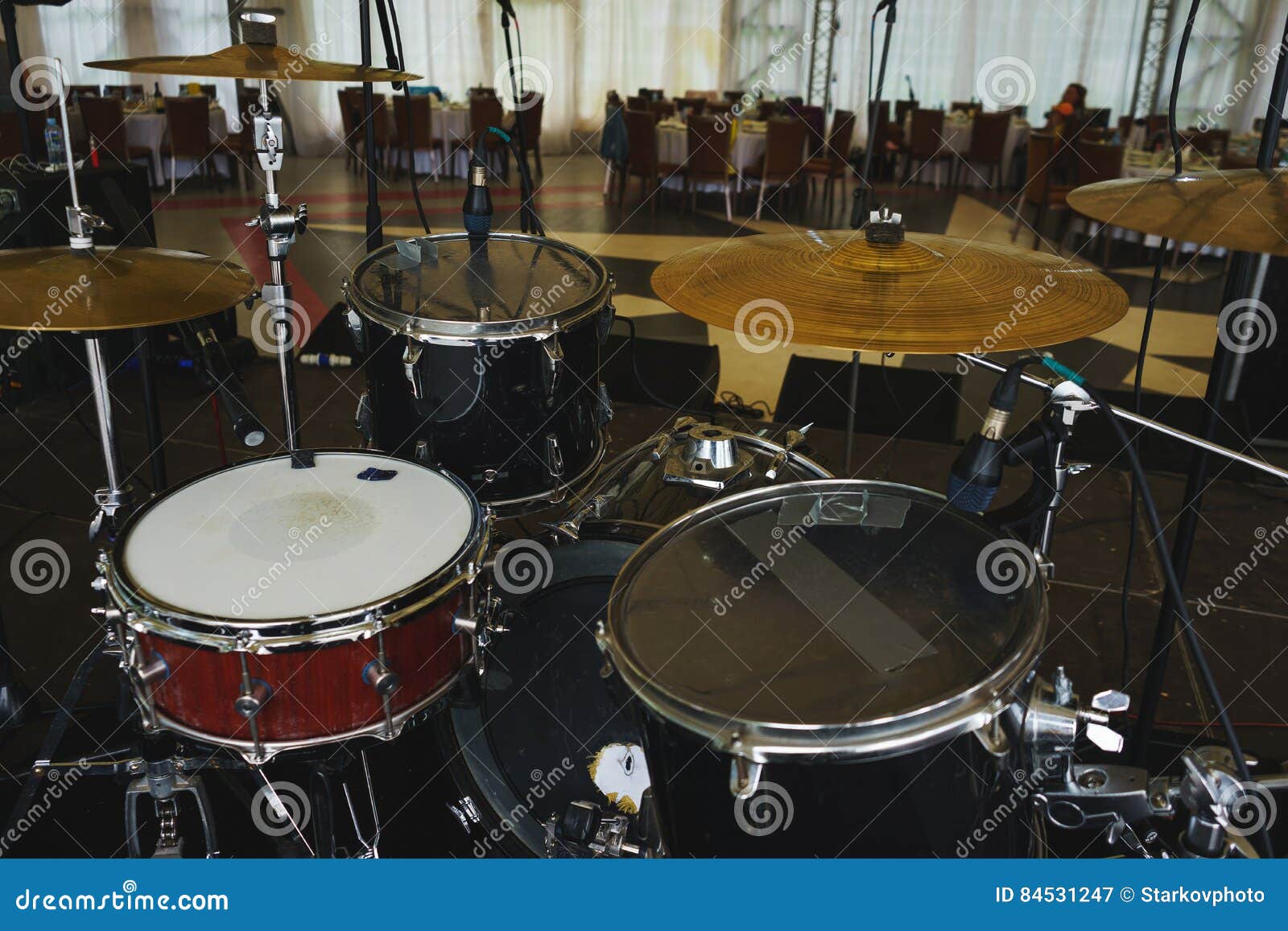Drum Kit on the Stage in the Main Hall of the Restaurant. Stock Image Image of rock, audio