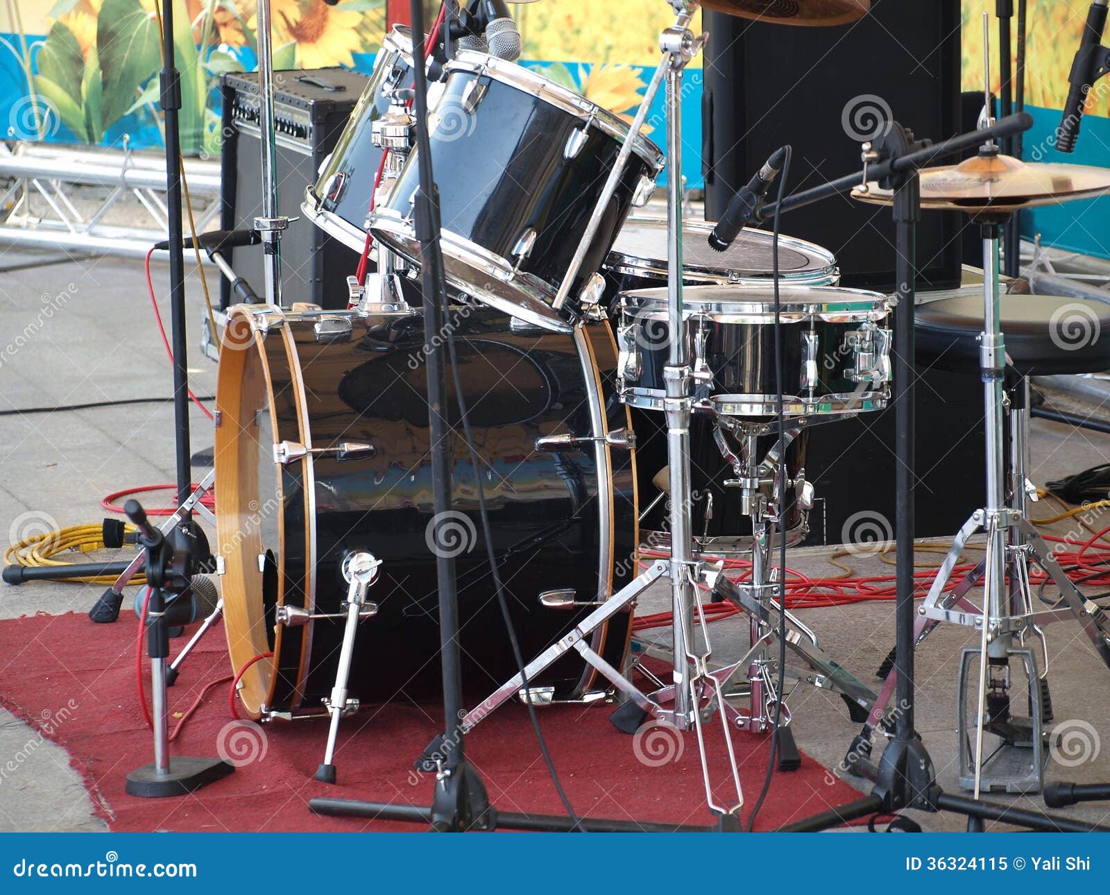 Drum Set and Microphones on a Stage Stock Image Image of equipment
