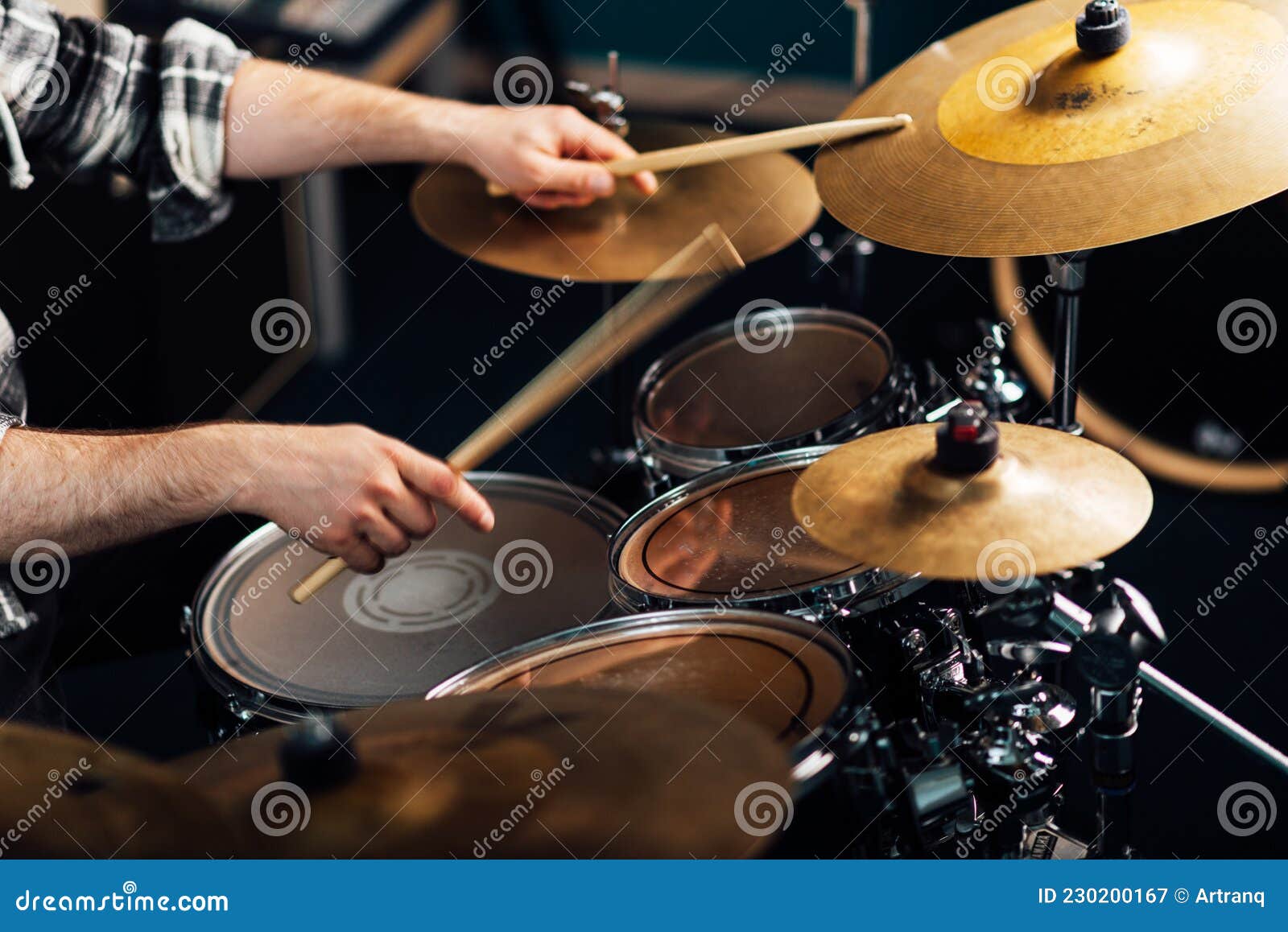 Drummer Banging on a Cymbal in a Drum Set. Stock Image Image of music