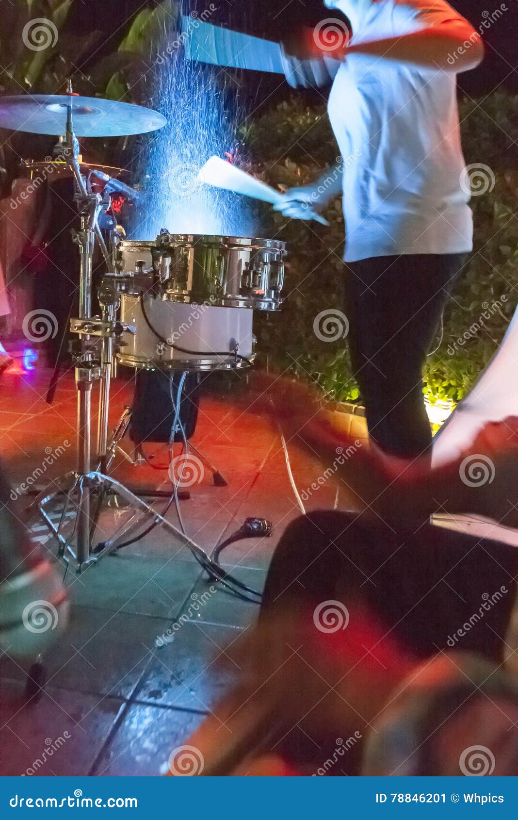 Drummer Beating and Splashing Drums at Night Show Stock Image - Image ...