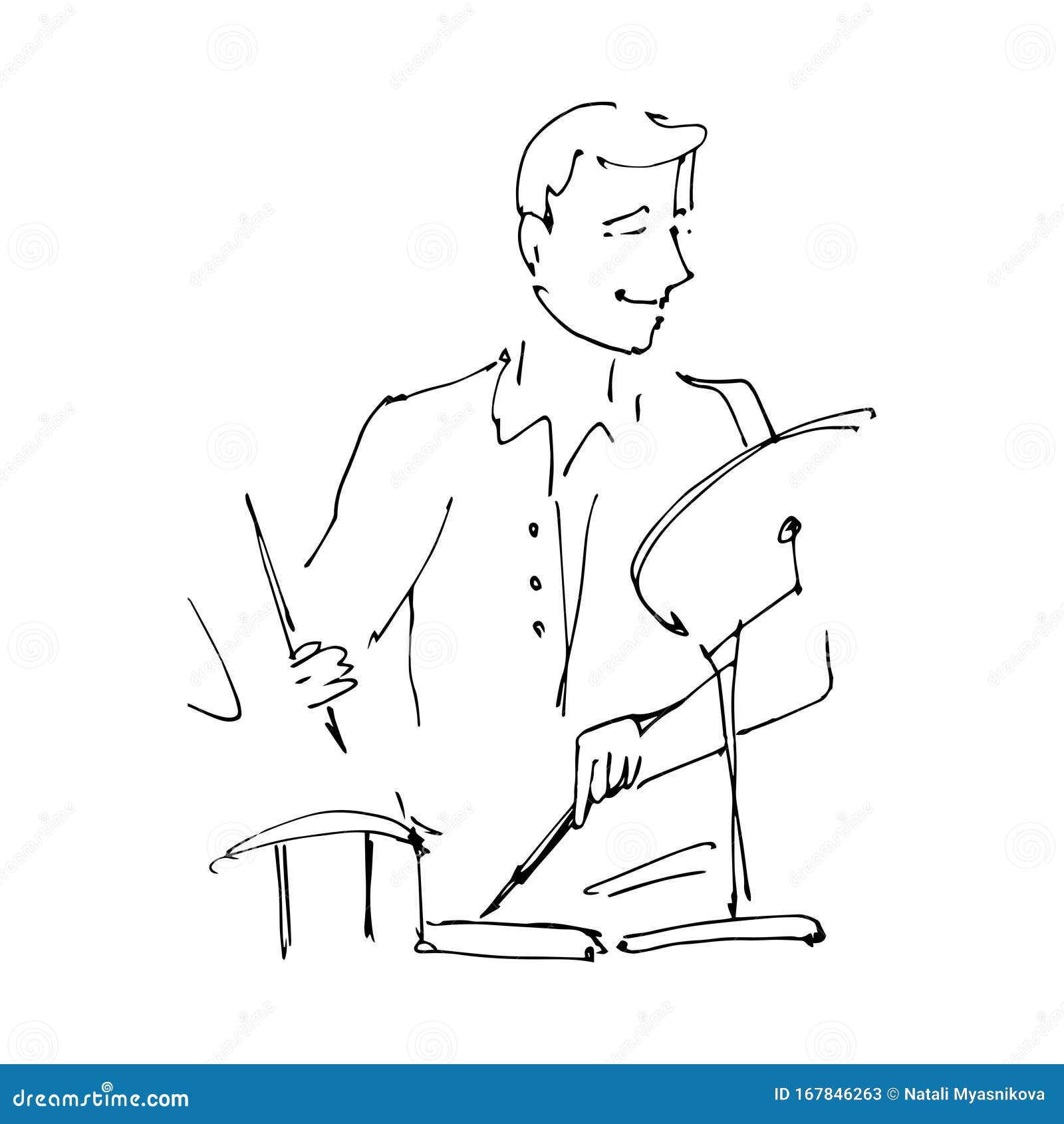 Drummer Behind the Drum Set. Black and White Vector Sketch. Simple