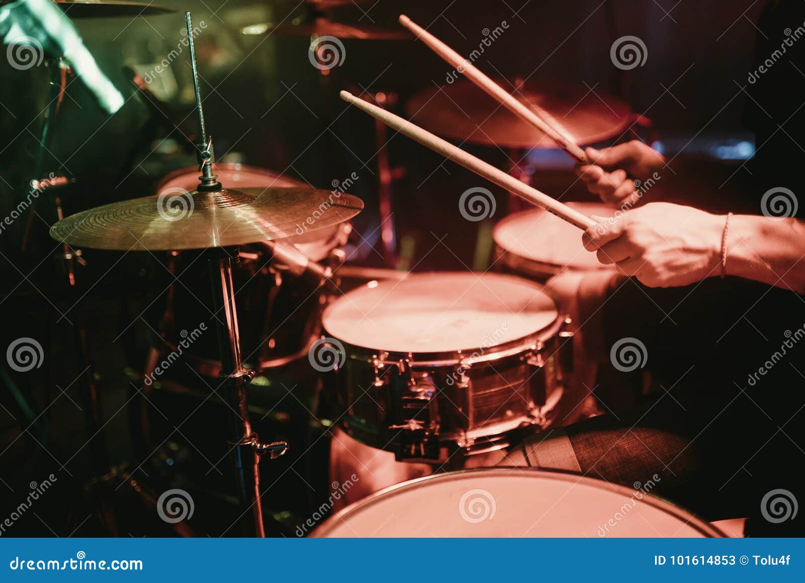 Drummer Playing His Drum Kit on Concert in Club Stock Image Image of