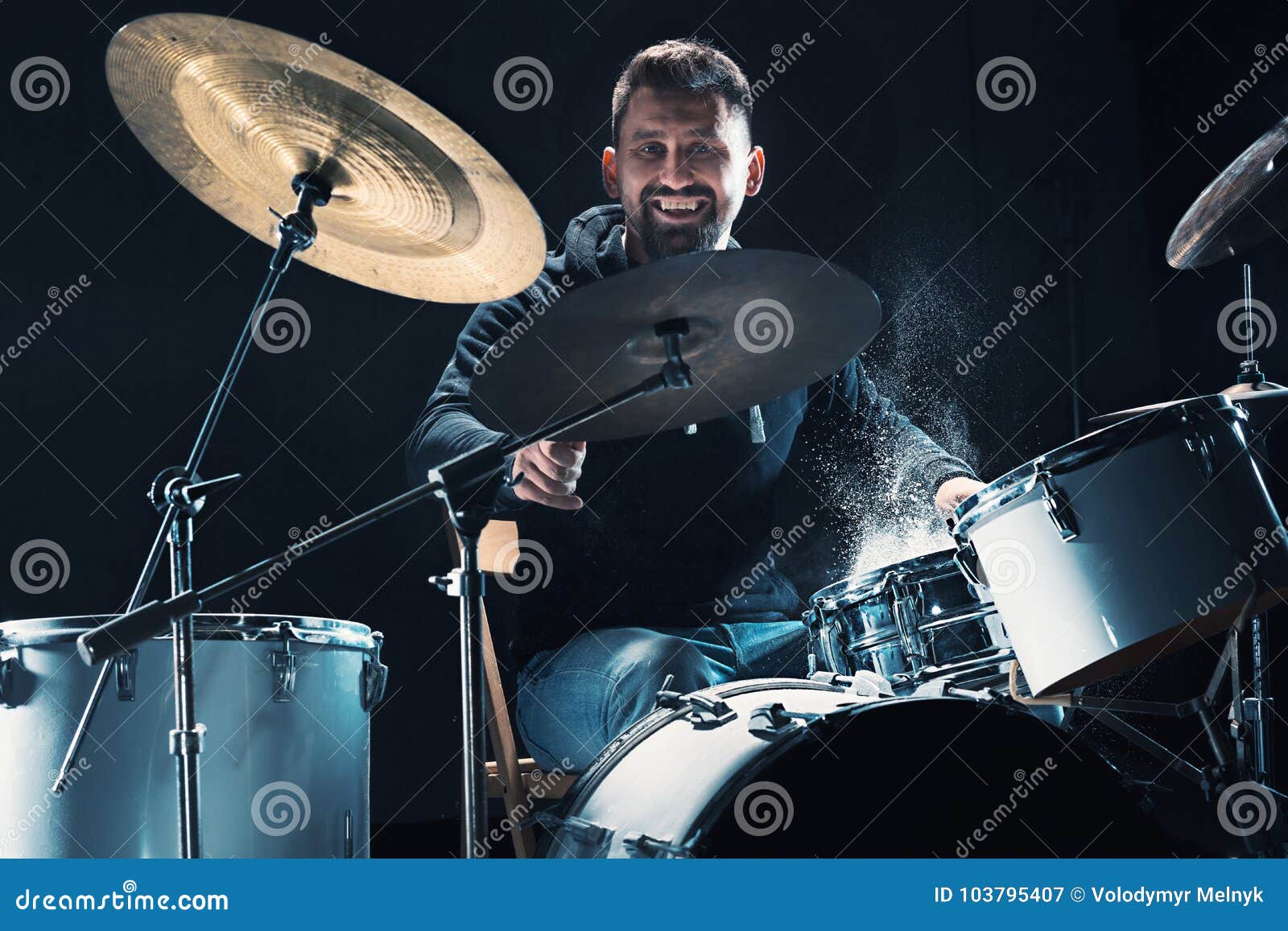 Drummer Rehearsing on Drums before Rock Concert. Man Recording Music on ...