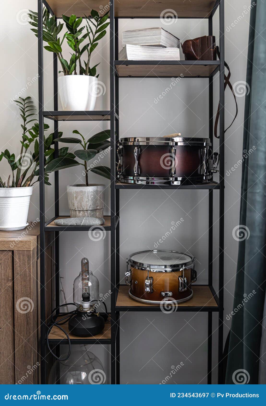 Drums, Percussion Instruments on the Shelves in the Interior of the