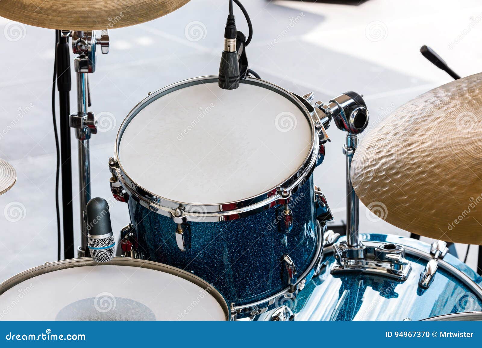 Drums and Percussion on Outdoor Stage, Ready for Play Stock Photo