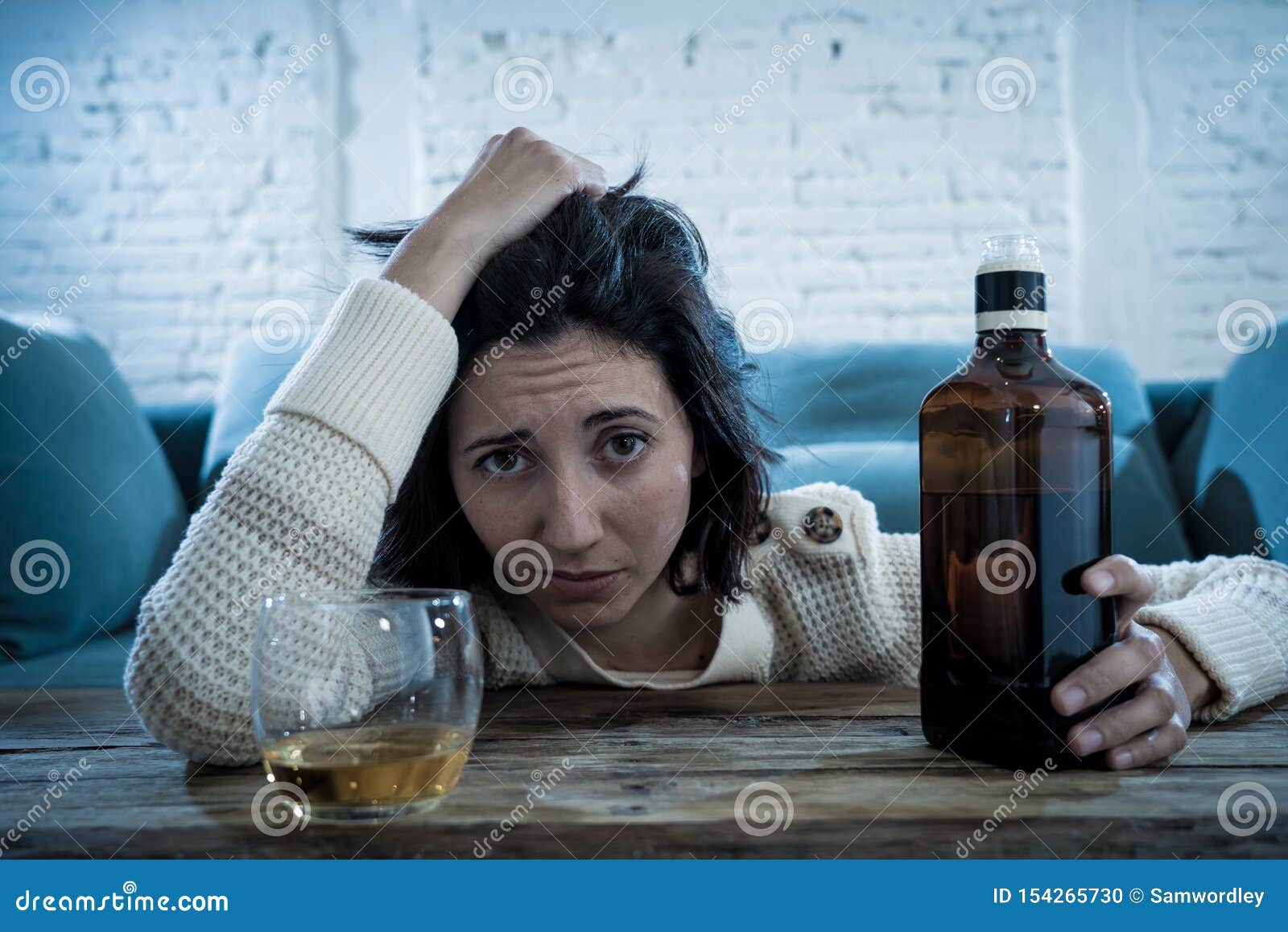 Young, Sad, Unhappy, Helpless Woman Drinking Alcohol. Human Emotions ...