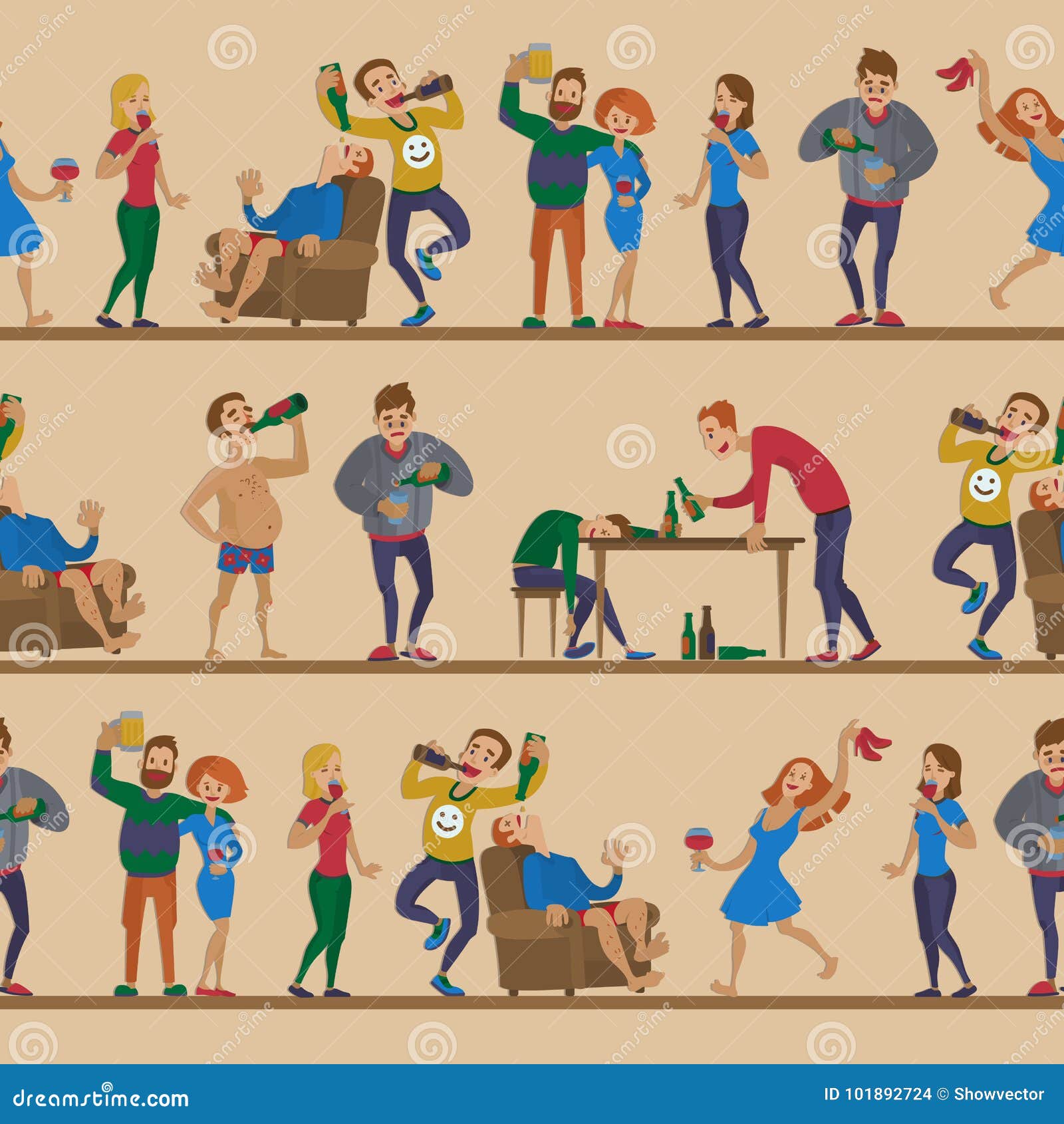 drunk cartoon people  alcoholic man and woman alcoholism drunken tipsy characters person seamless pattern
