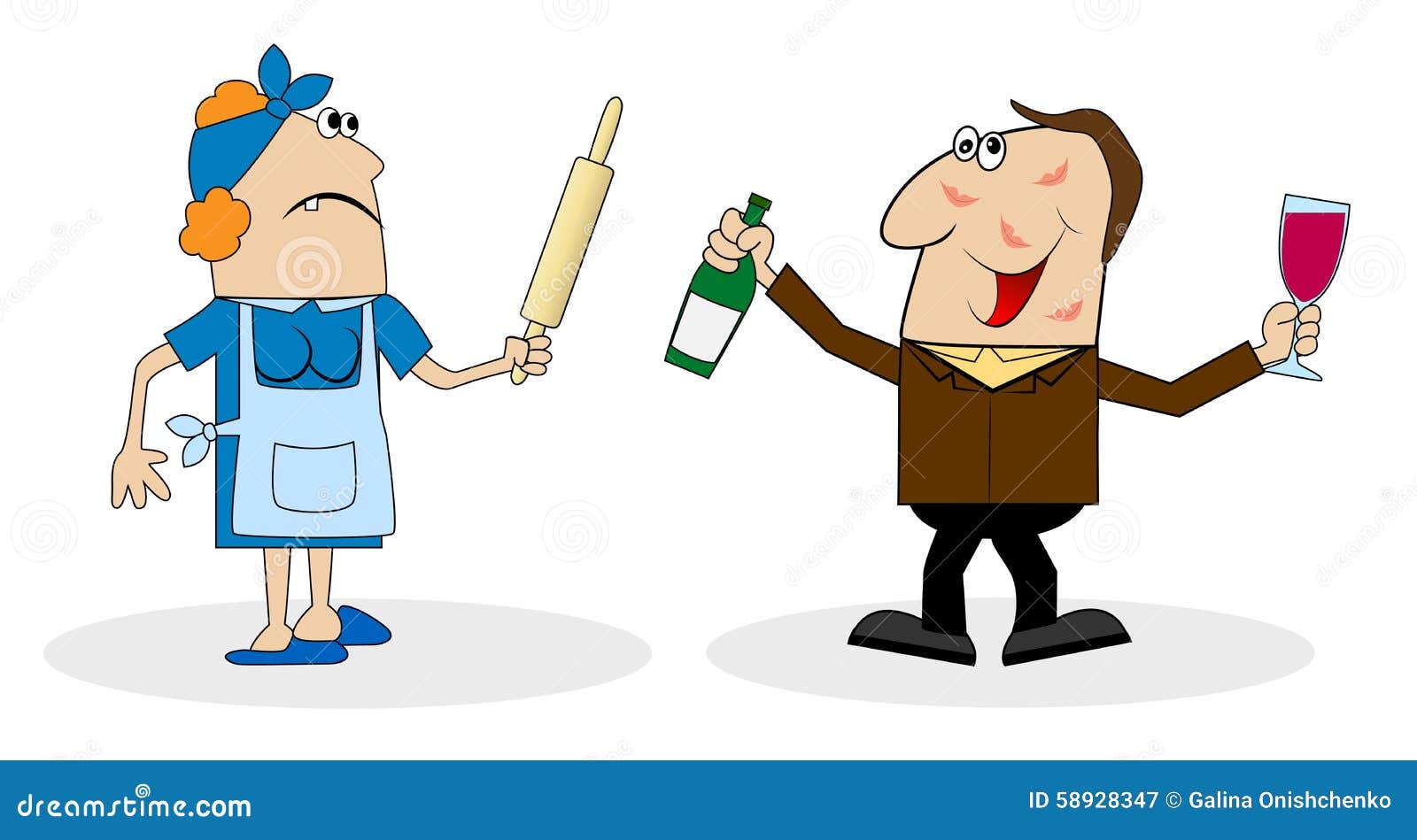 Drunk Husband And Wife With A Rolling Pin Vector Illustration