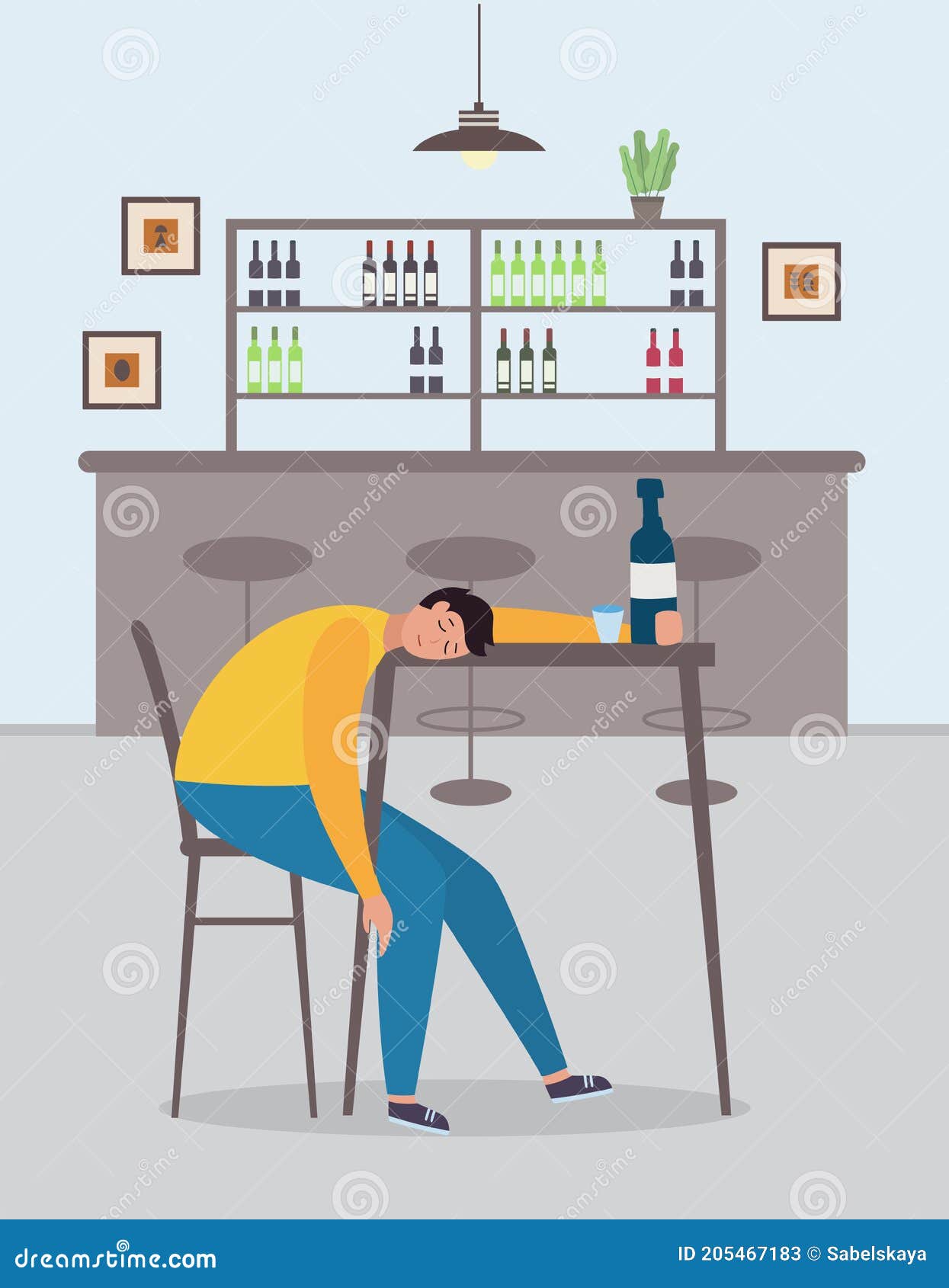 Drunk Man Cartoon Character Asleep in the Bar Flat Vector Illustration ...