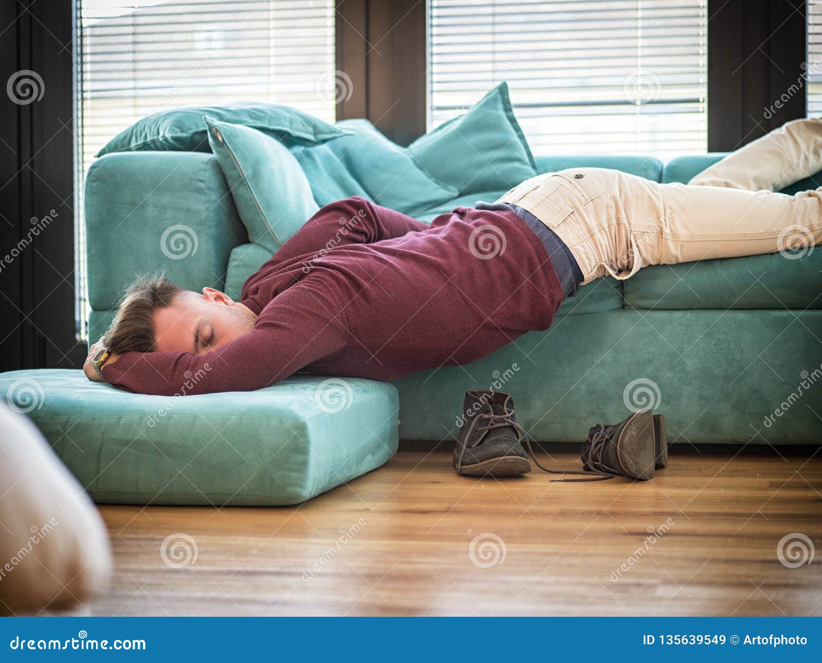 Drunk Man Resting On Couch With Head On The Floor Stock Image Image 