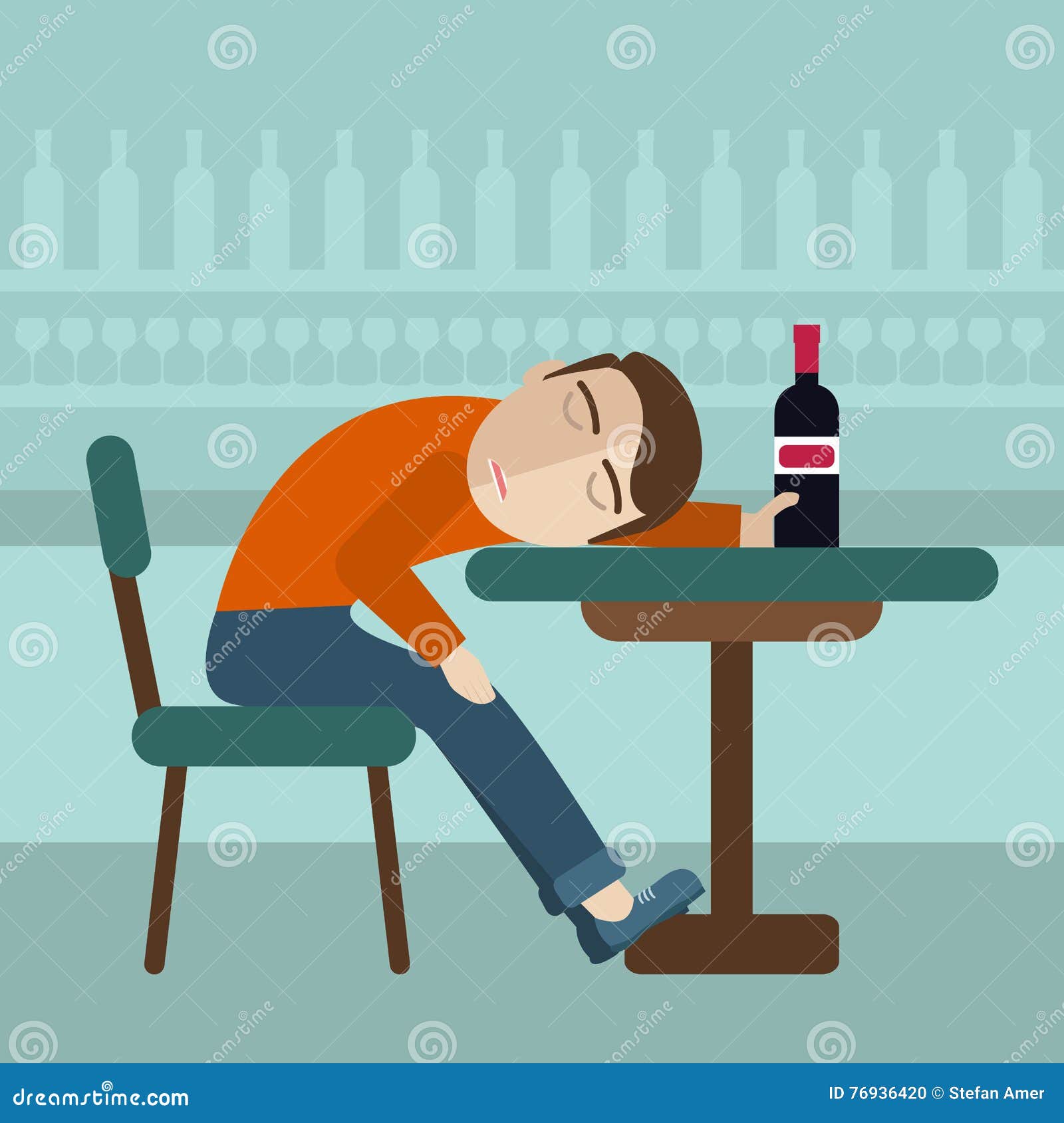 Drunk Man Sitting Fall Asleep on the Table with a Bottle of Beer Inside ...