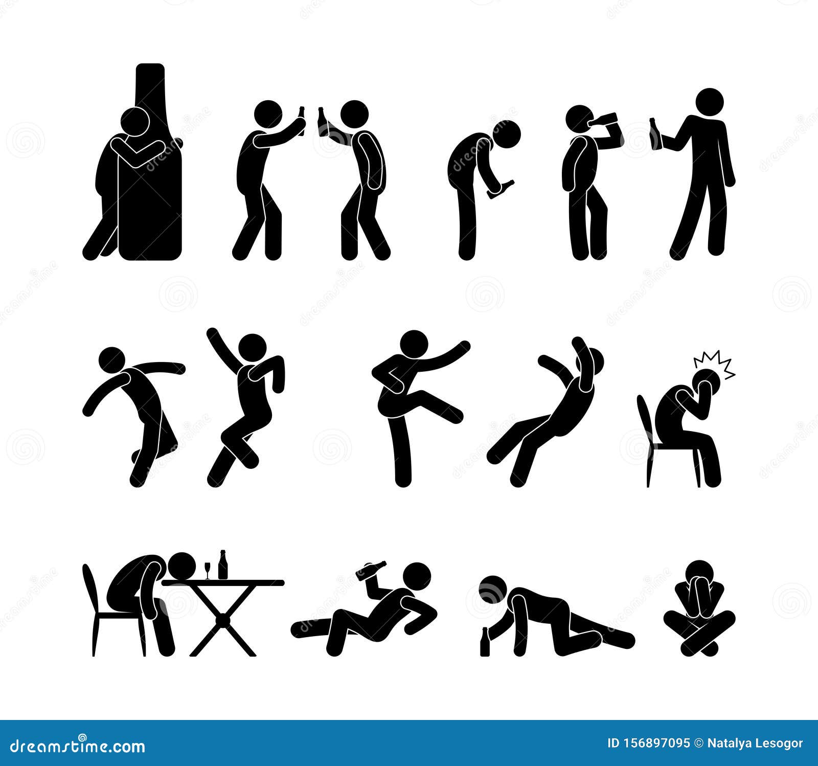 drunk people in different situations. cocktail party people drink alcohol. sticks figure pictogram alcoho
