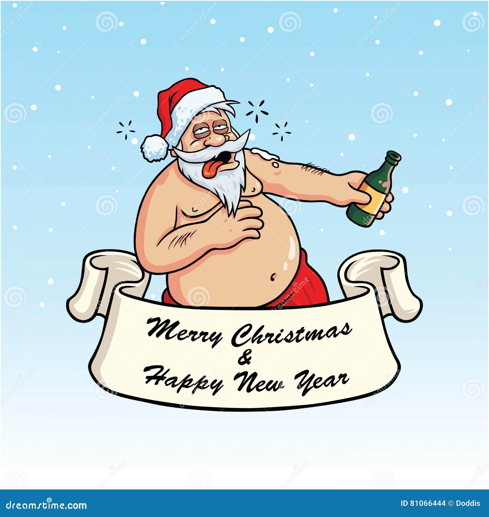 drunk santa claus drinking booze. christmas card  on blue background