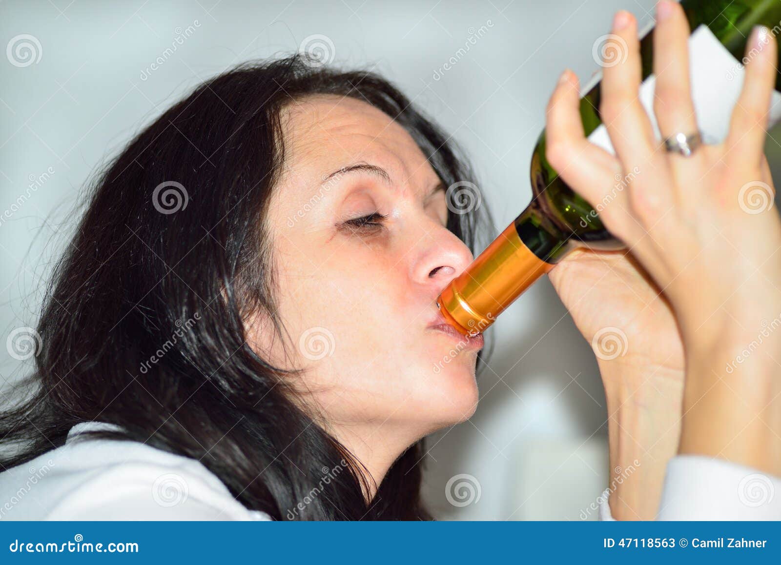 Drunk Woman With Red Wine Bottle Stock Image Image Of Brunette 