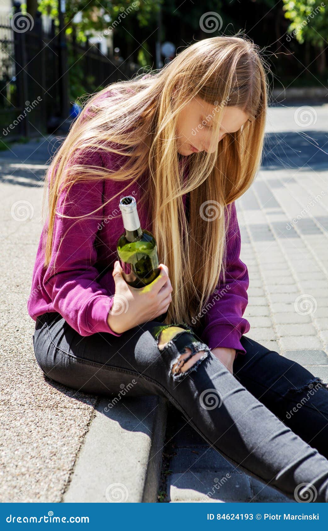 Drunk Young Woman with Bottle of Alcohol Stock Image - Image of drug