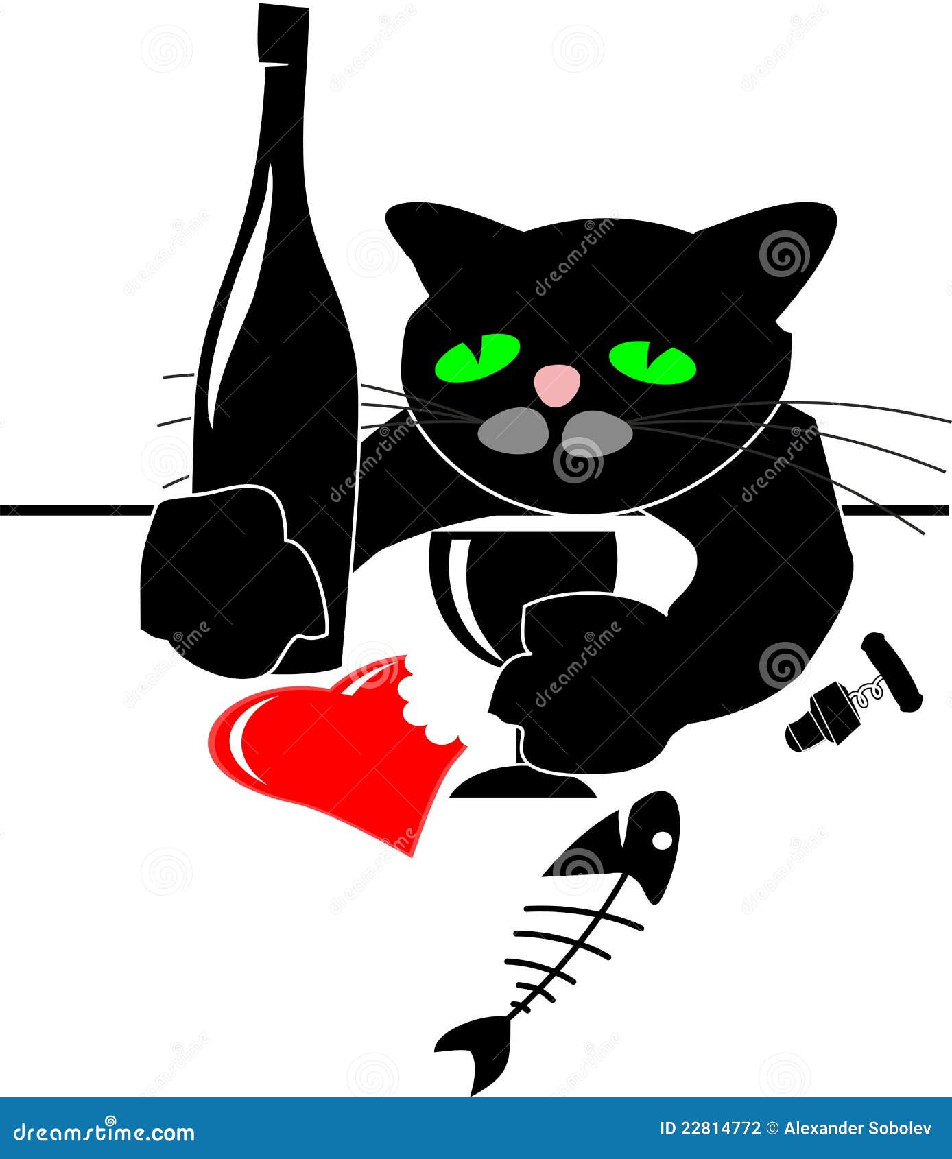 drunken black cat with red heart and bottle