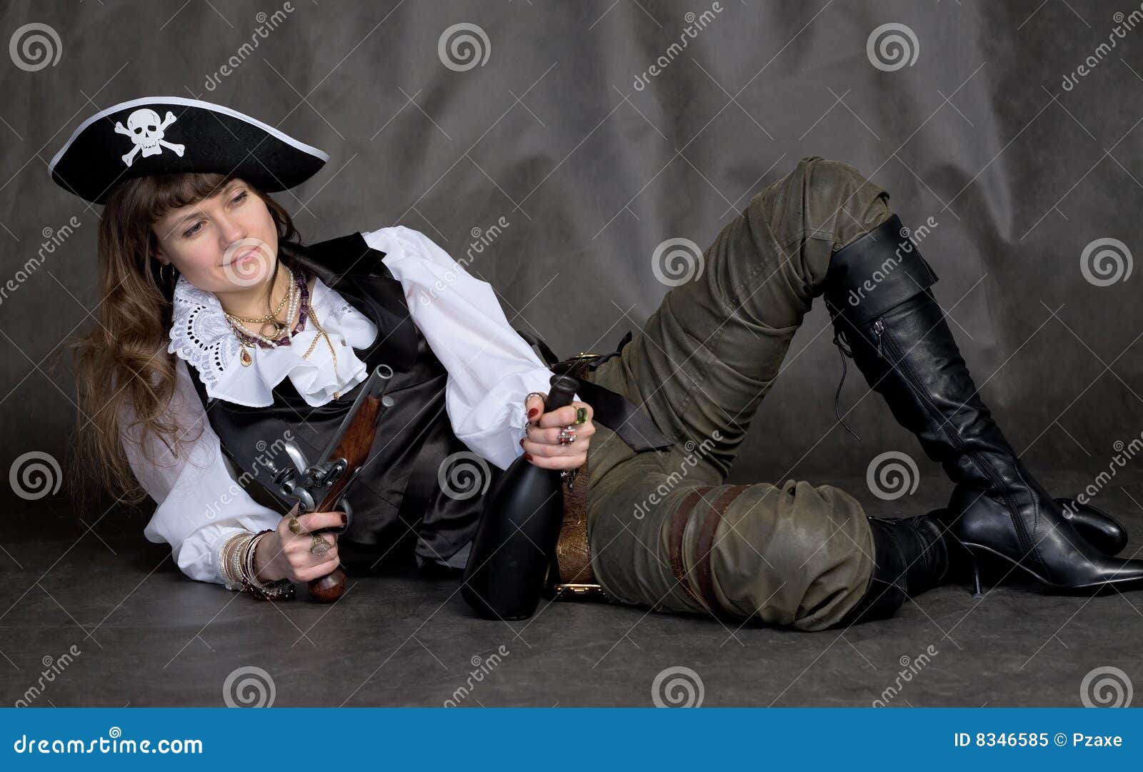 drunken girl - pirate with pistol and bottle