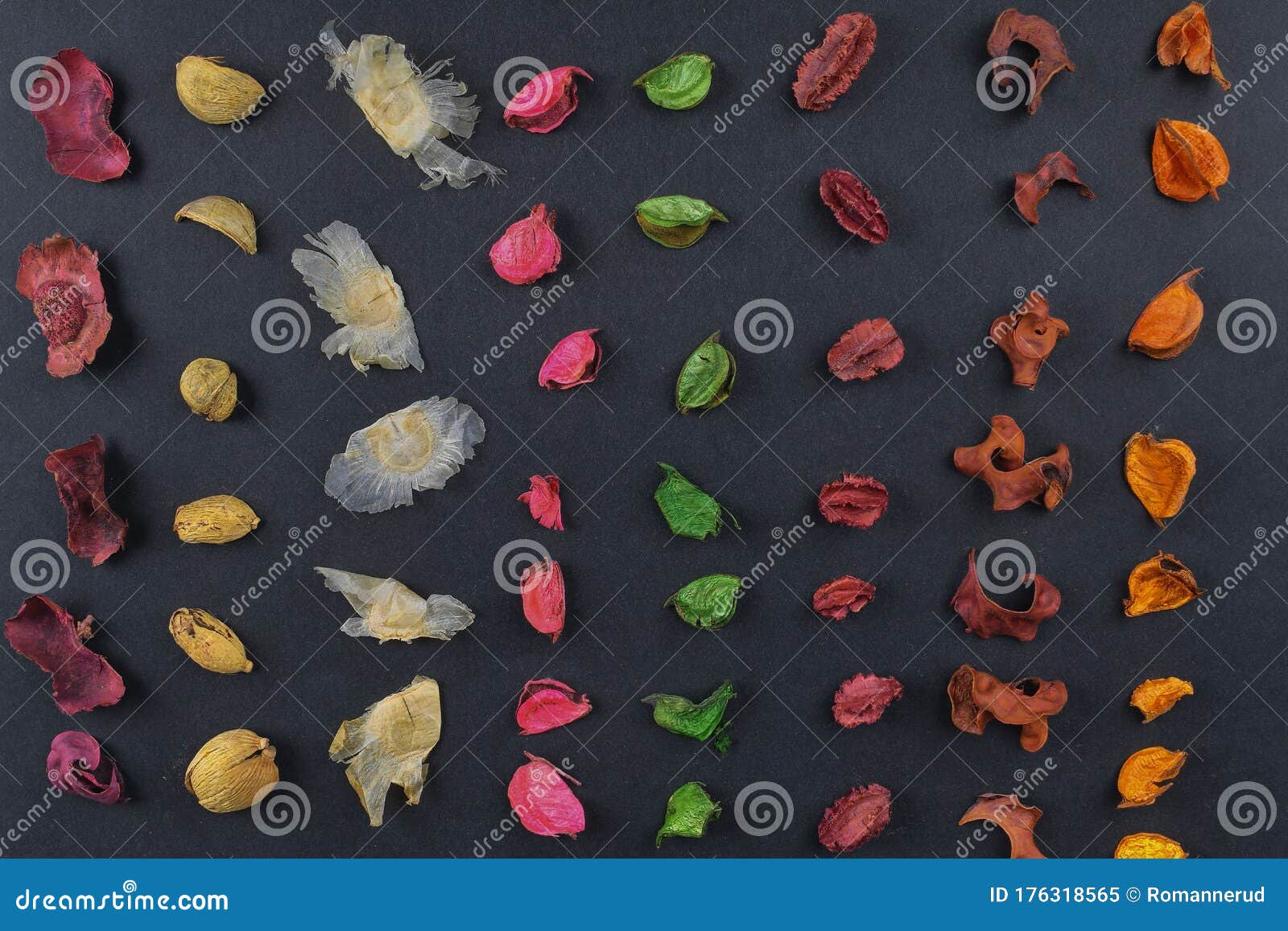 Dry Aromatic Potpourri Leaves Closeup. Background of Colored Aromatic
