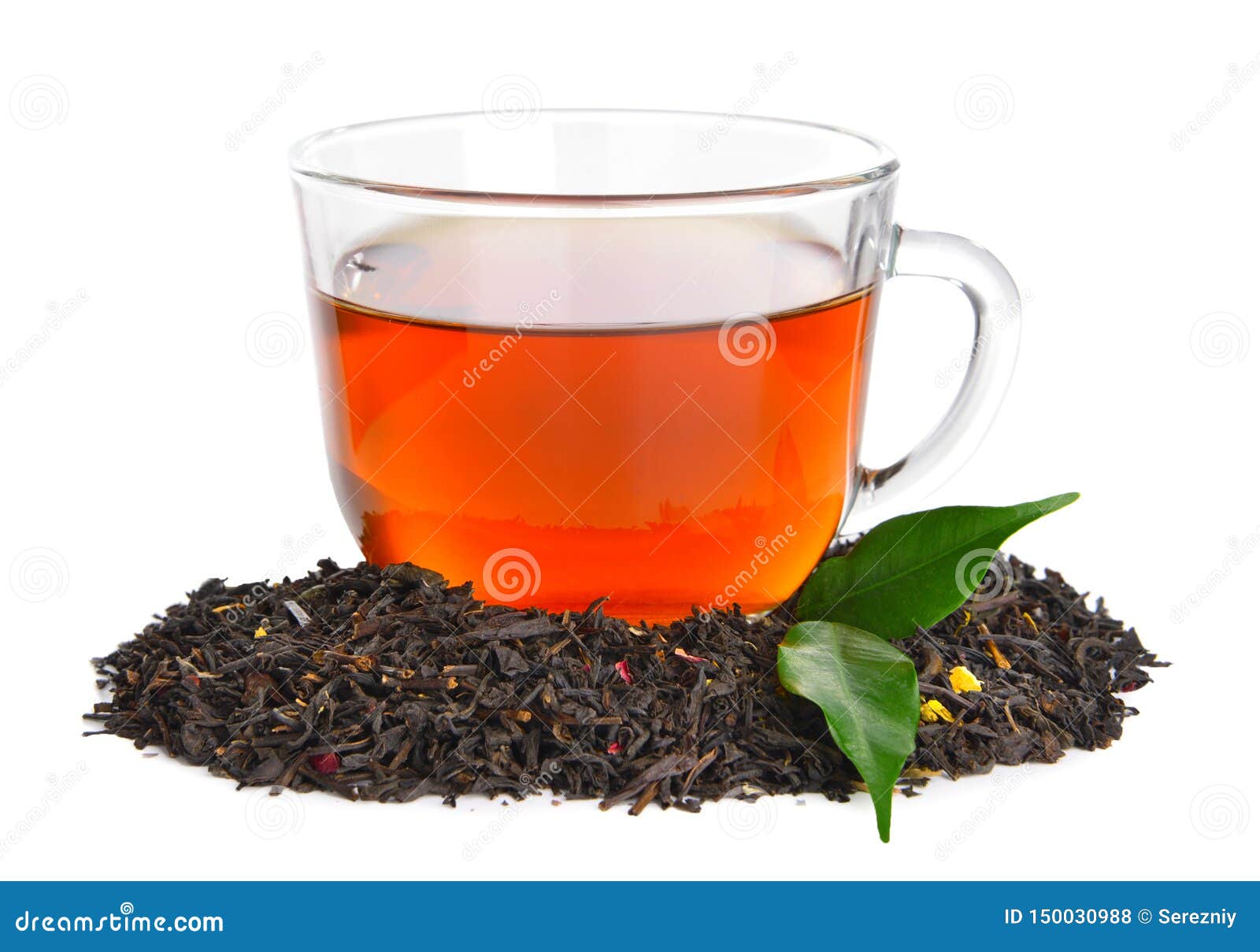 Dry Black Tea Leaves and Cup of Aromatic Beverage on White Background