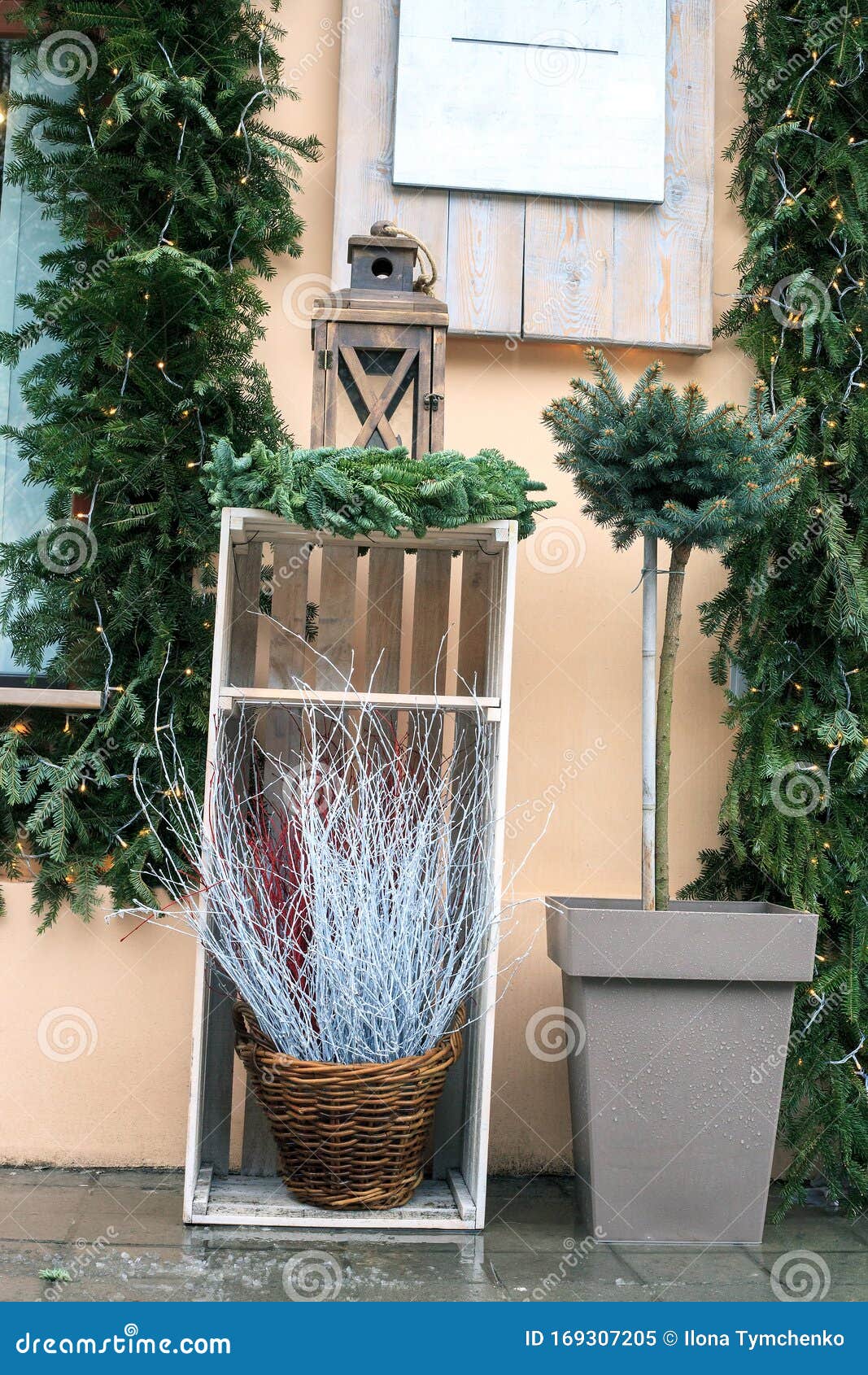 Dry Branches In Basket, Potted Christmas Tree And Lantern. Holidays Decor Near House Stock Image ...
