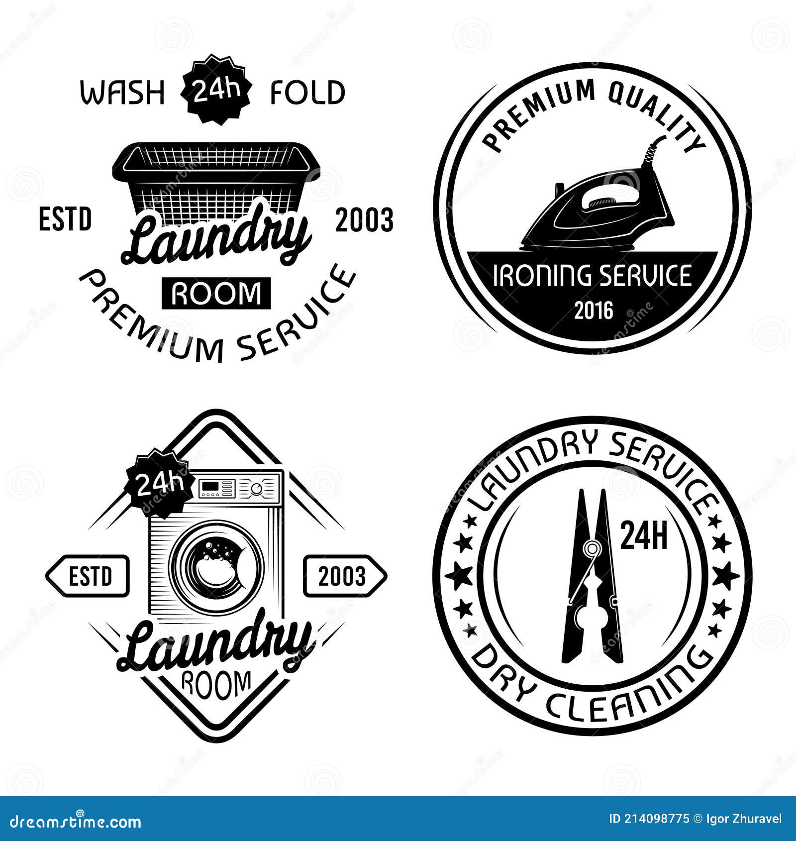 Dry Cleaning Service and Laundry Room Set of Four Vector Monochrome ...