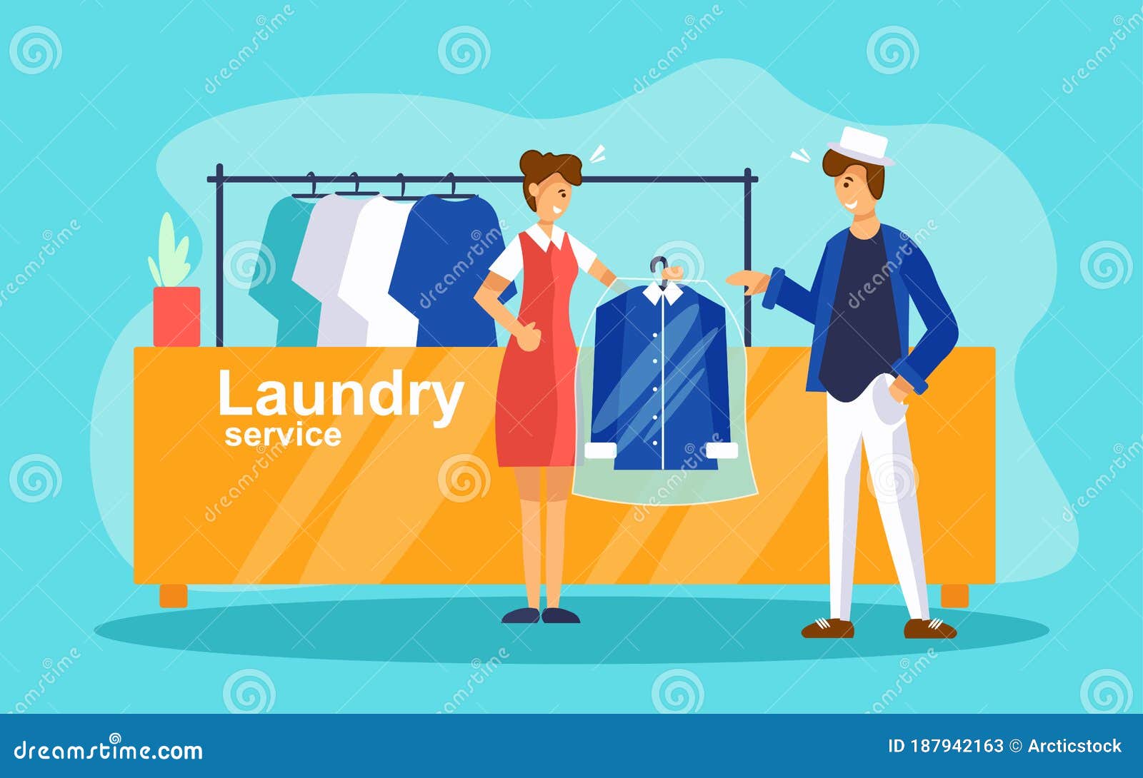 Dry Cleaning Service Reception Counter. Woman Laundry Worker Giving To ...