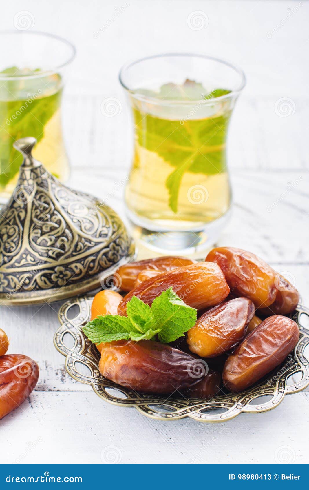 Dry dates and mint tea stock image. Image of assortment 98980413