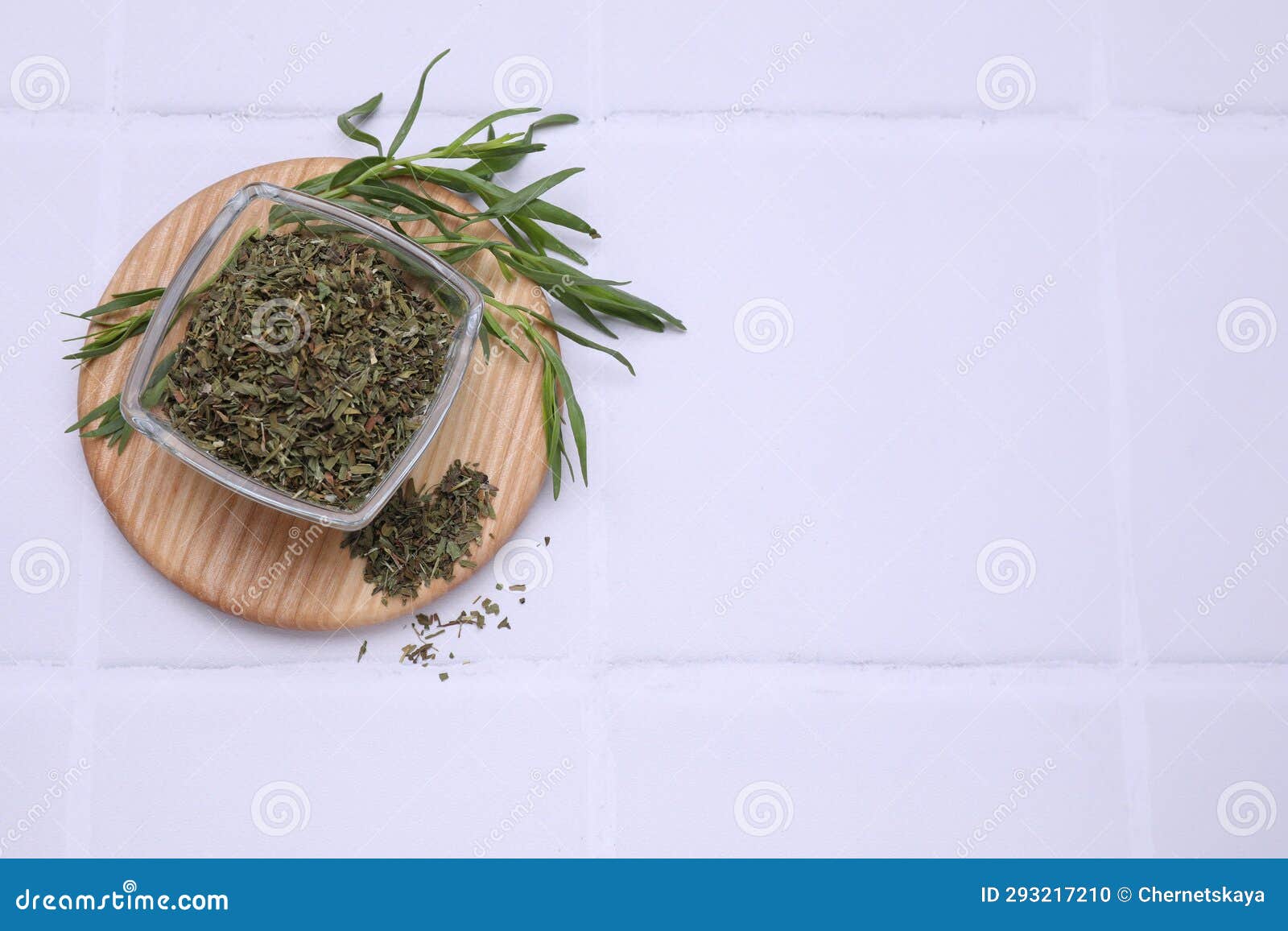 Dry and Fresh Tarragon on White Tiled Table, Top View. Space for Text Stock Photo Image of