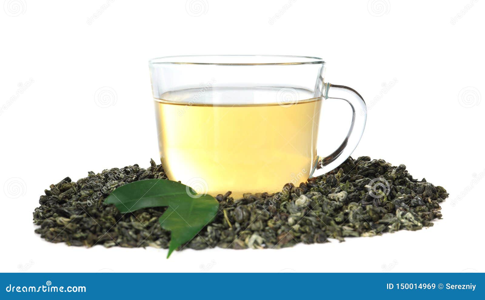 Dry Green Tea Leaves and Cup of Aromatic Beverage on White Background