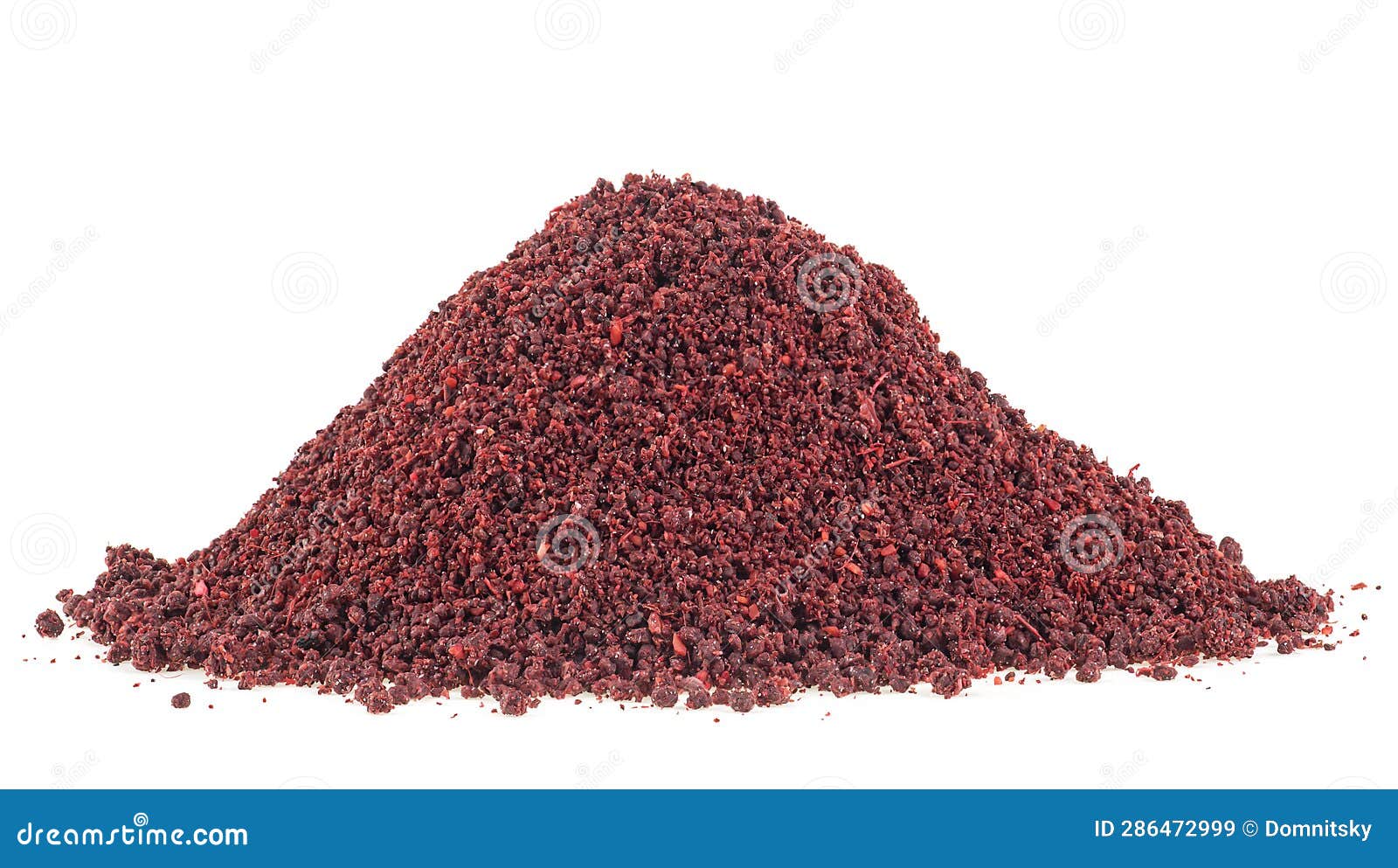 Dry Ground Sumac Spice Isolated on White Background, Front View Stock
