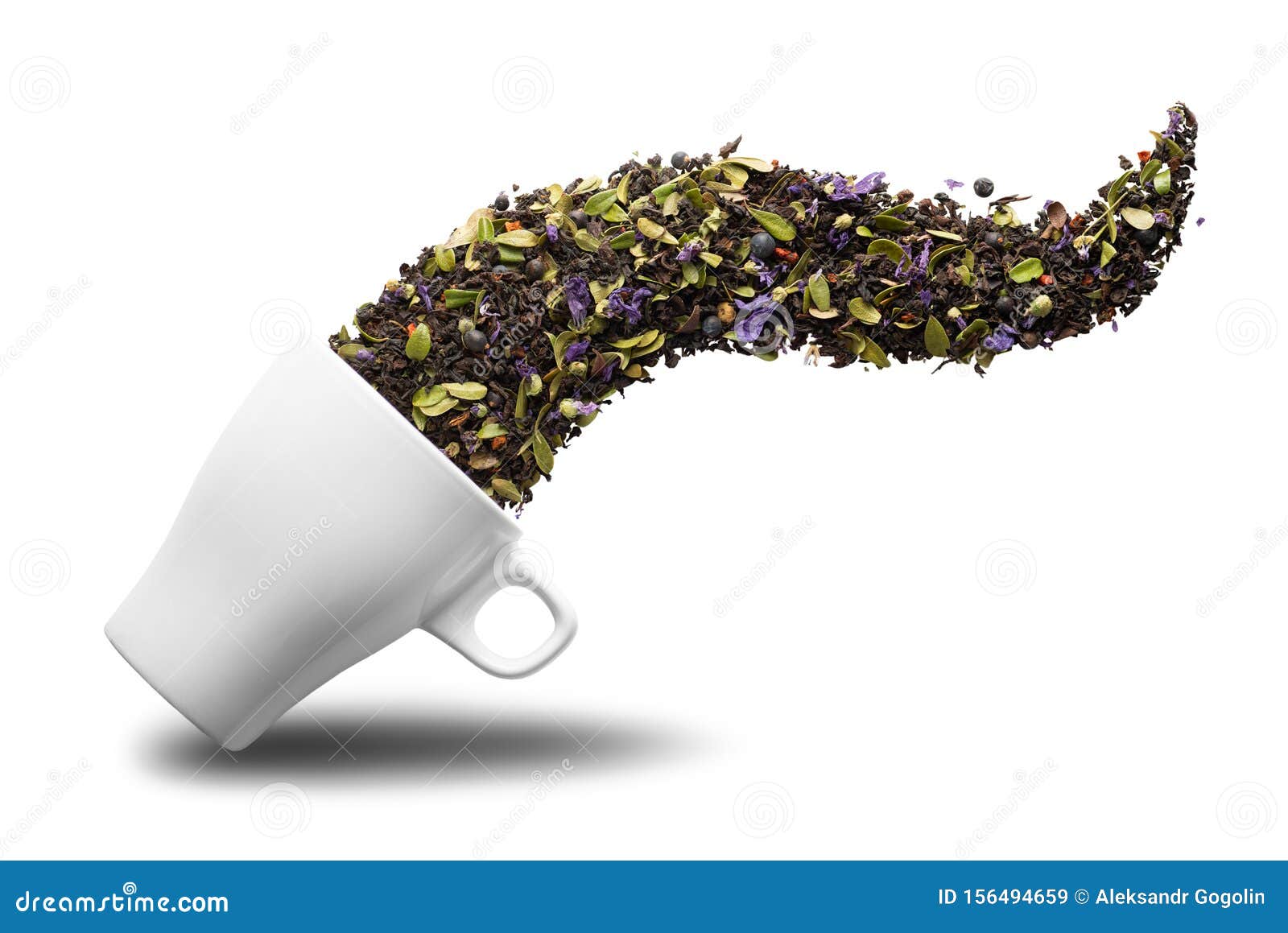 Dry Herbal Tea Pouring into Cup Isolated on White Background. Flat Lay