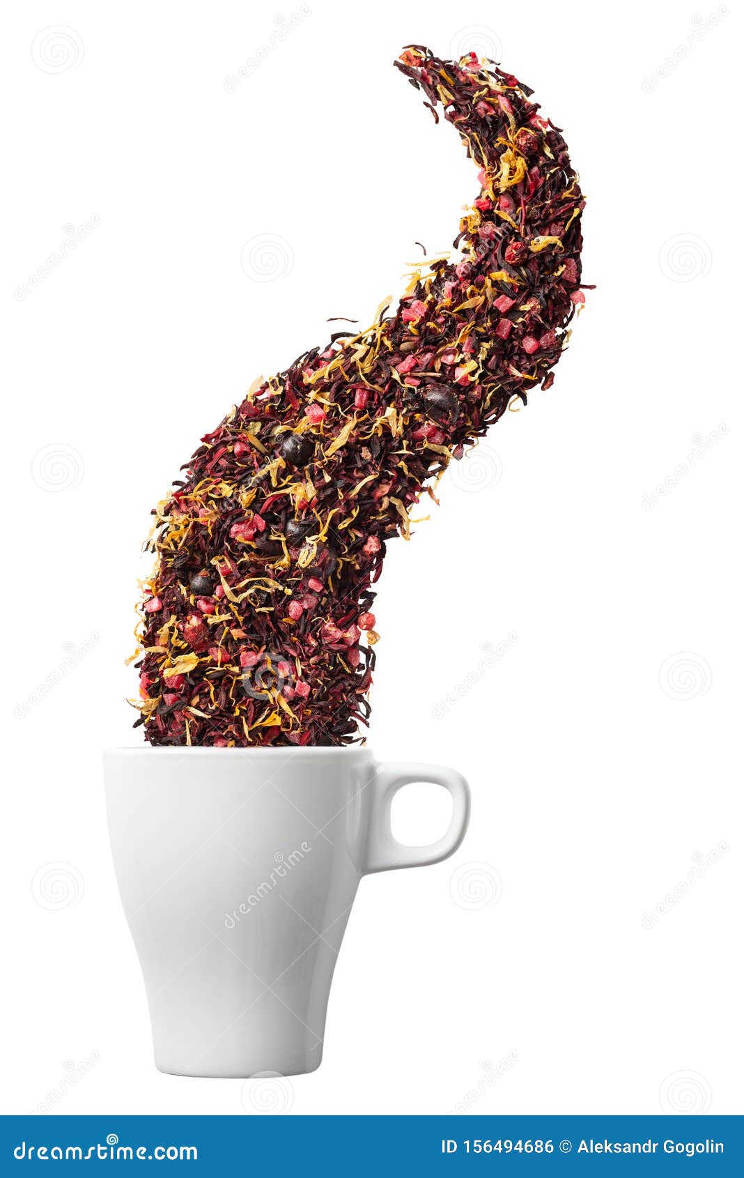 Dry Herbal Tea Pouring into Cup Isolated on White Background. Flat Lay