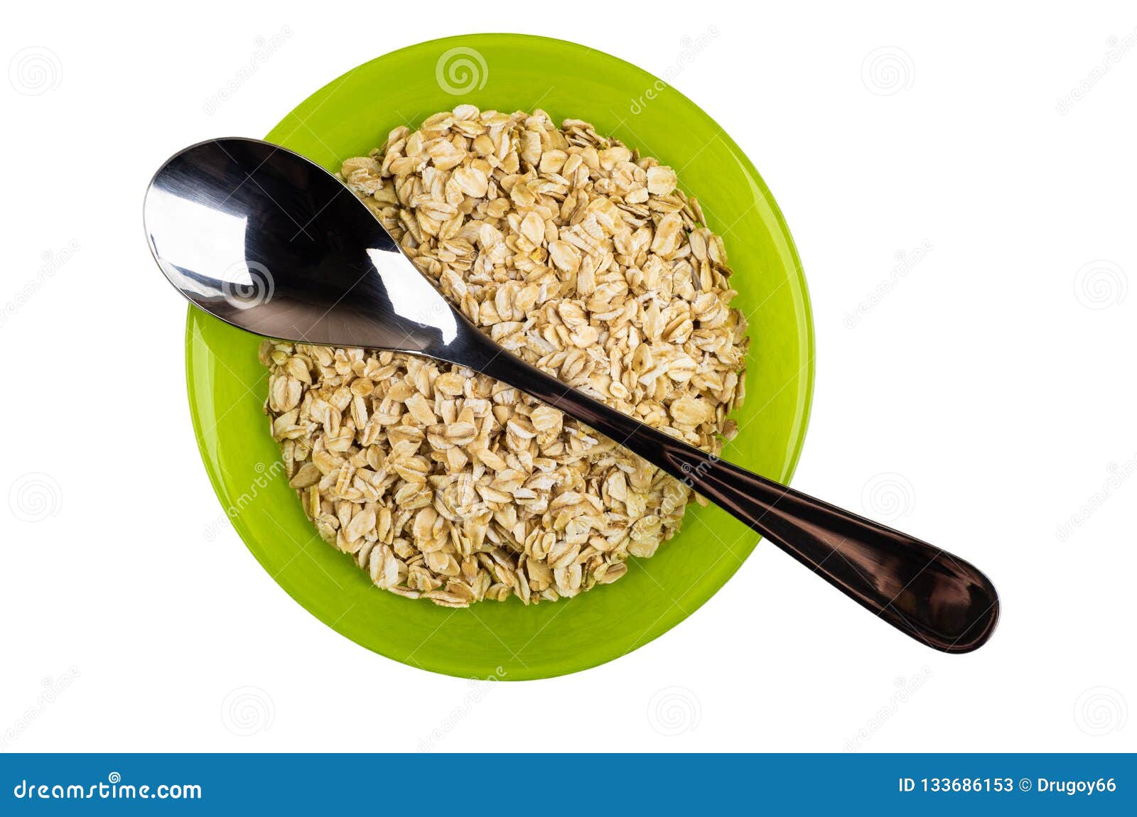 Dry Oatmeal, Spoon in Bowl Isolated on White. Top View Stock Image ...