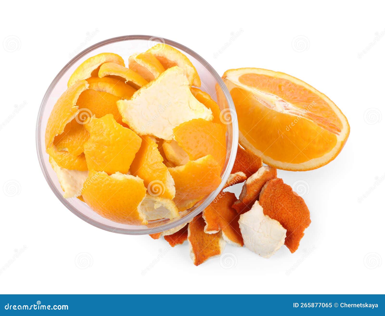 Dry Orange Peels and Piece of Fresh Fruit Isolated on White, Top View