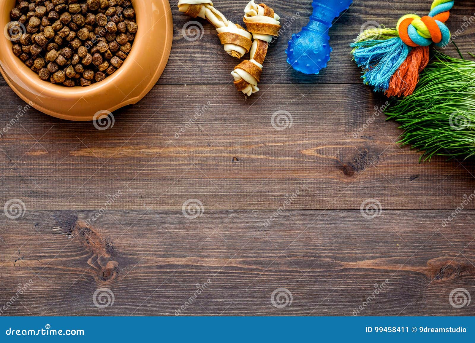 Download Dry Pet - Dog Food In Bowl On Wooden Background Top View Mock Up Stock Image - Image of natural ...