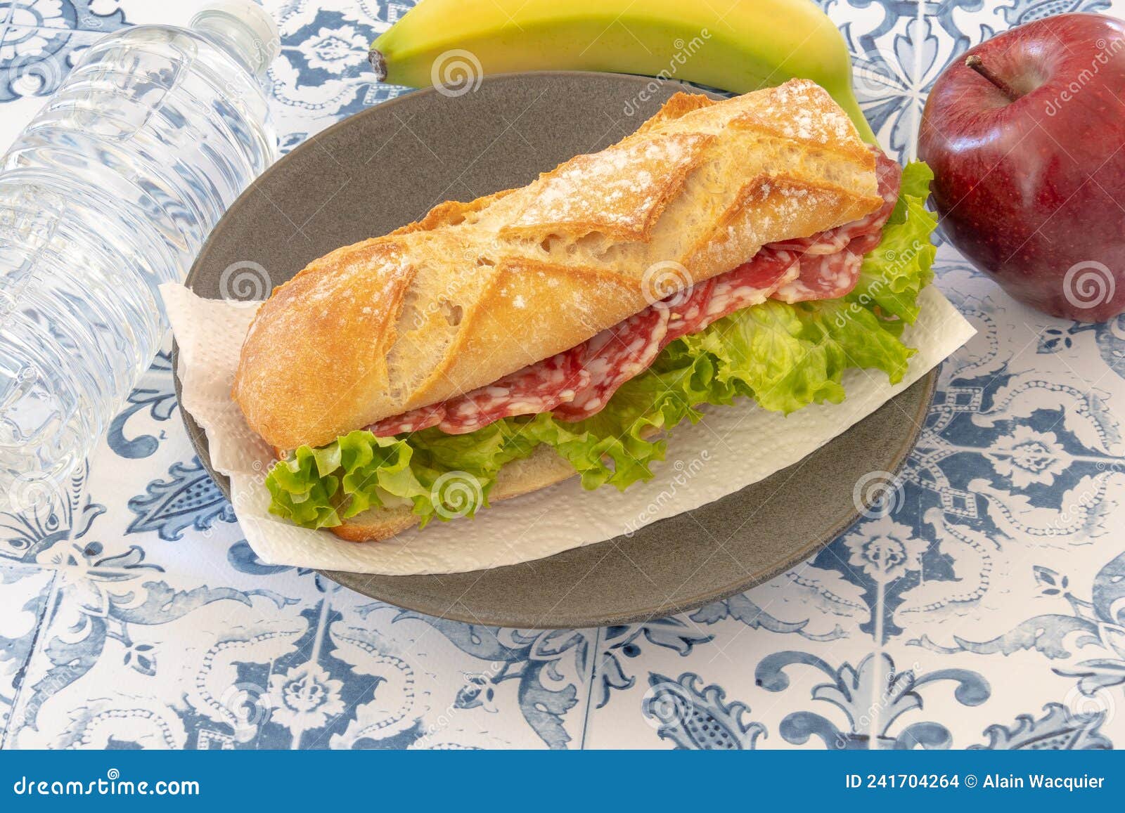 Dry Sausage Sandwich with a Banana and an Apple Stock Photo Image of