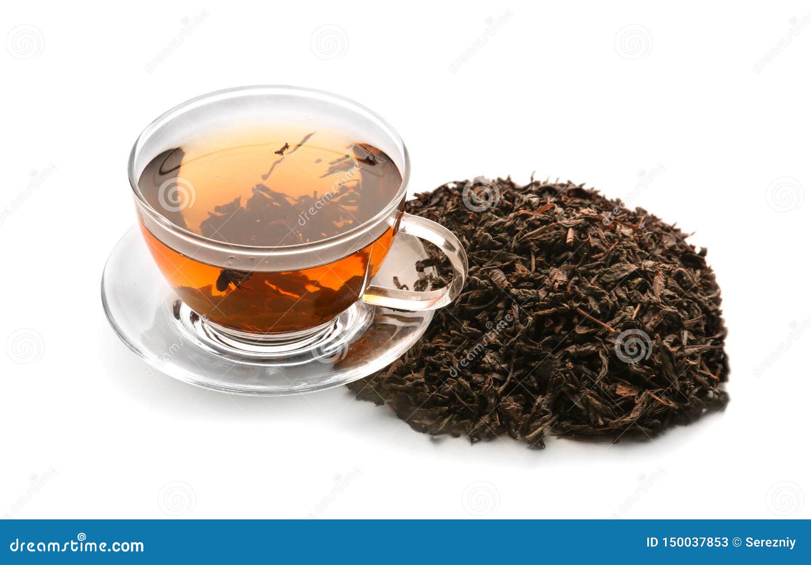 Dry Tea Leaves and Cup with Hot Beverage on White Background Stock