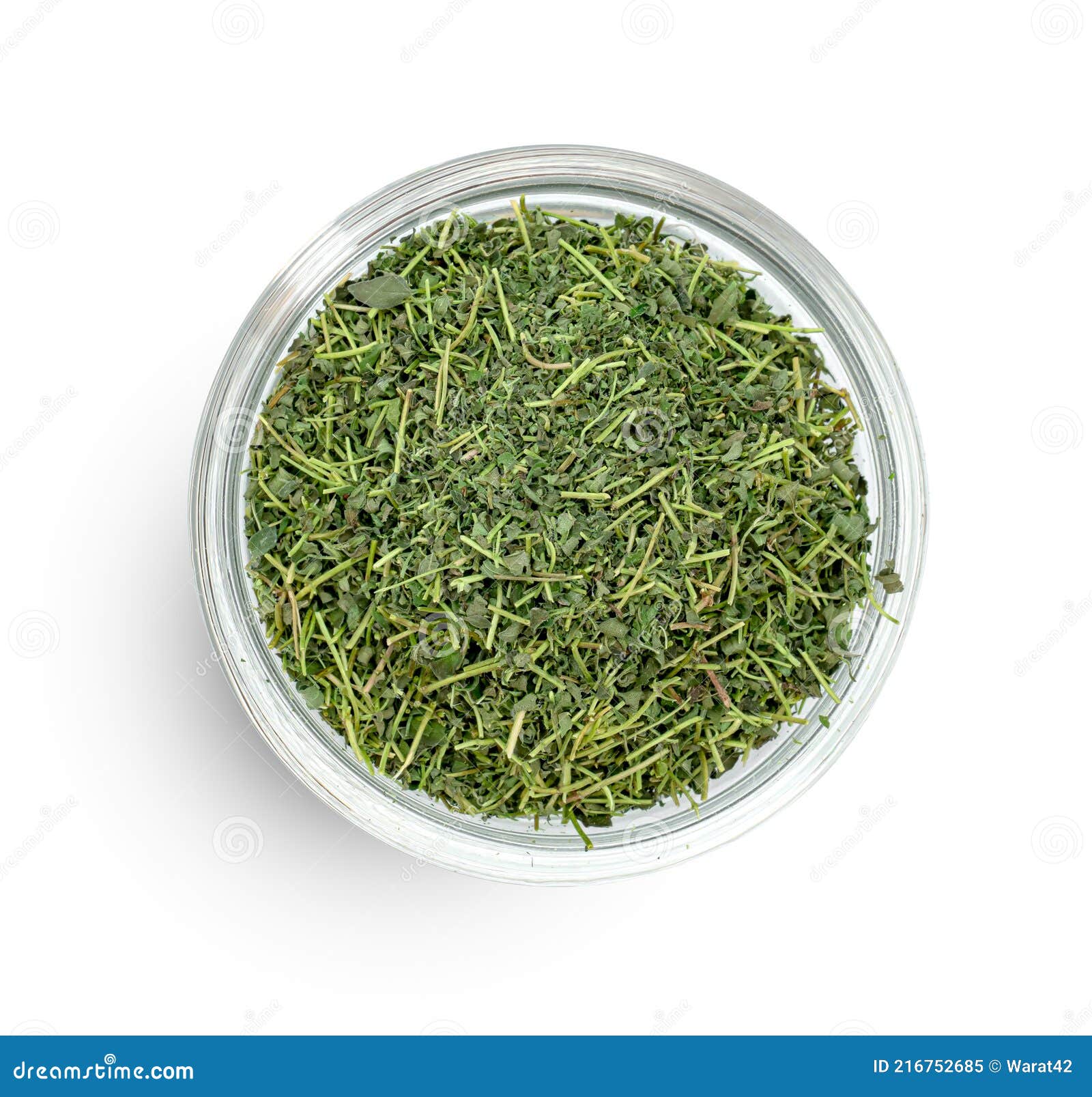 Dry Thyme or Lemon Thyme Leaf in Glass Bowl Isolated on a White