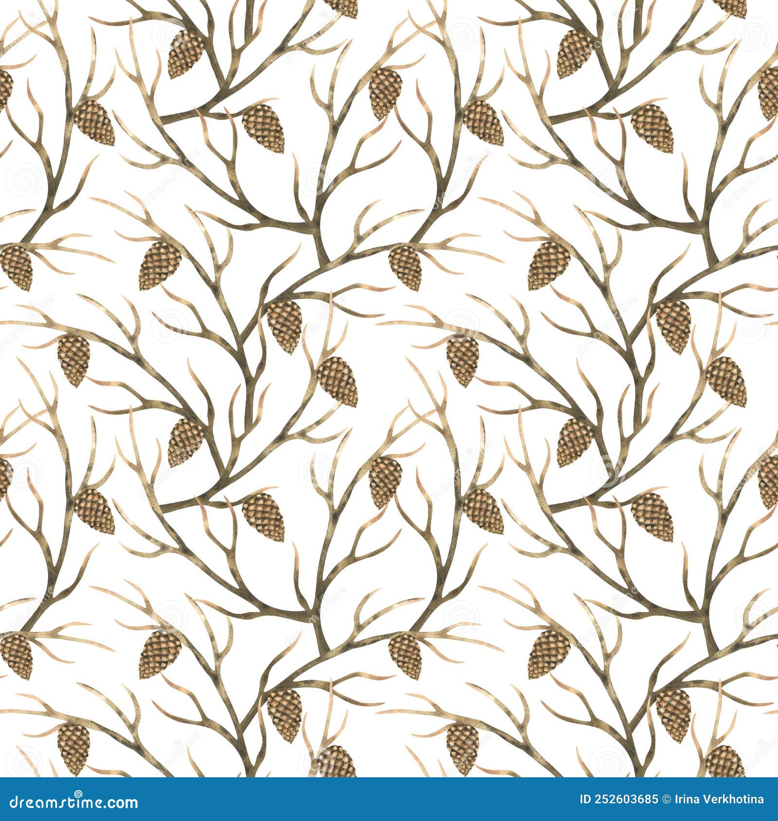 dry tree branches and triangular cones. brown intertwining branches. forest motif.