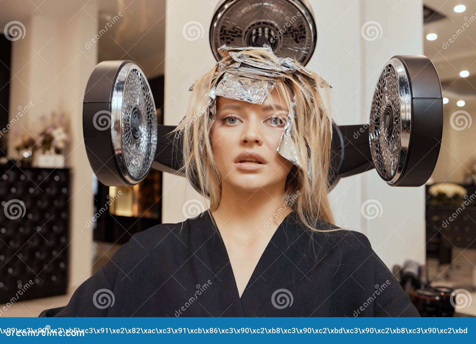 Drying Blond Hair with Hair Dryer and Round Brush. Stock Image Image