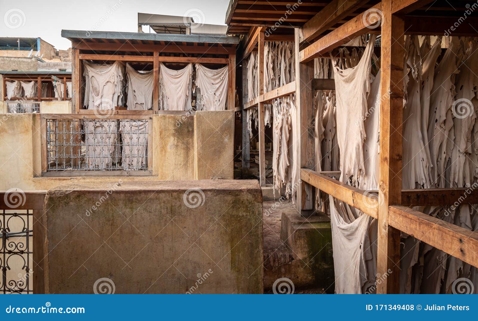 drying leather in chouara tannery, fez, morocco