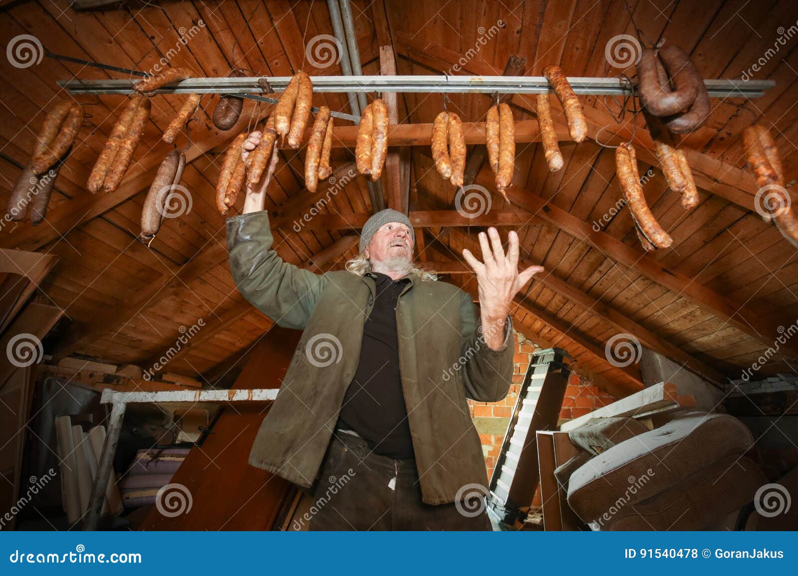 Drying Meat Sausages in Attick Stock Photo Image of front, adult
