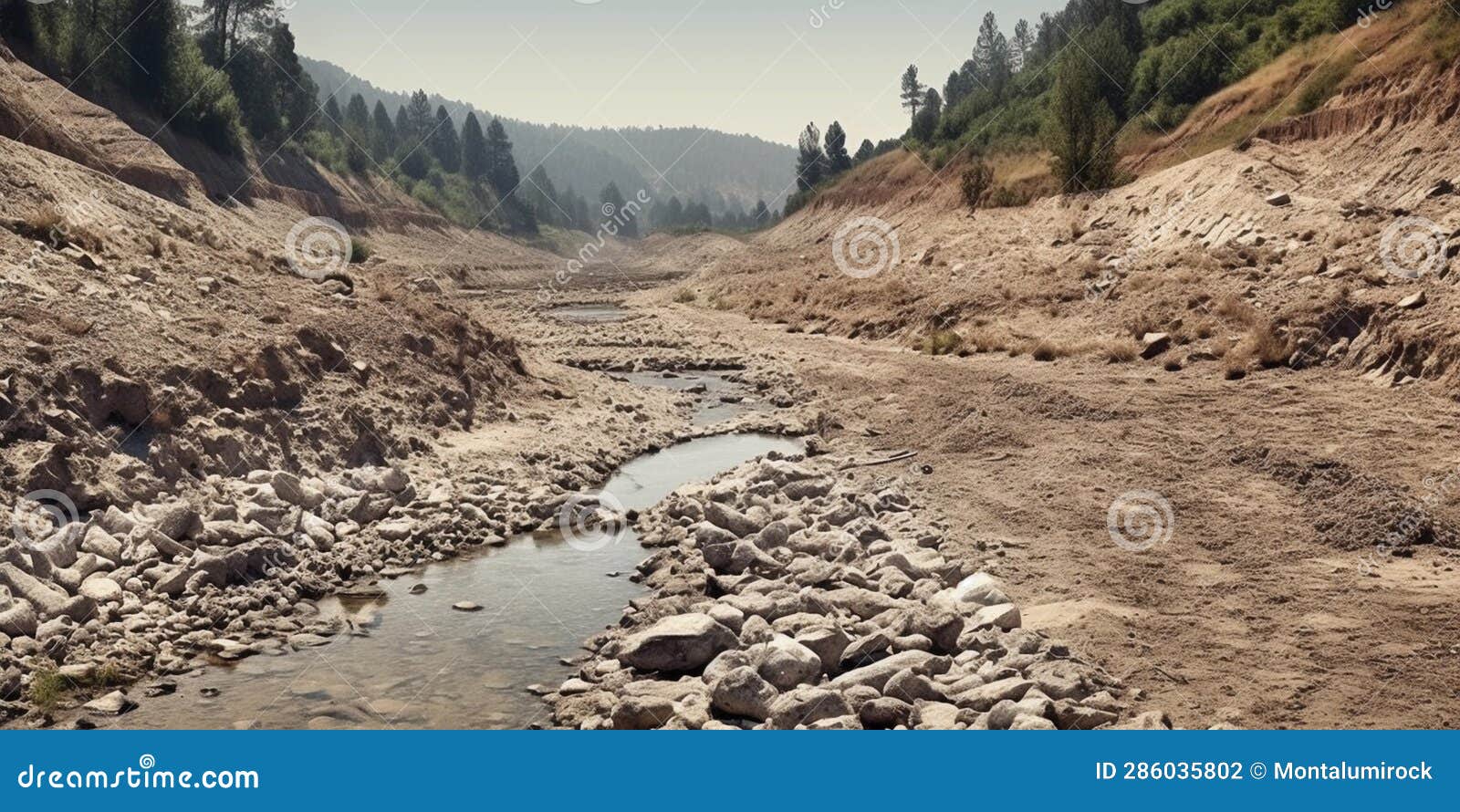 drying river flow, environmental issues, blurred background
