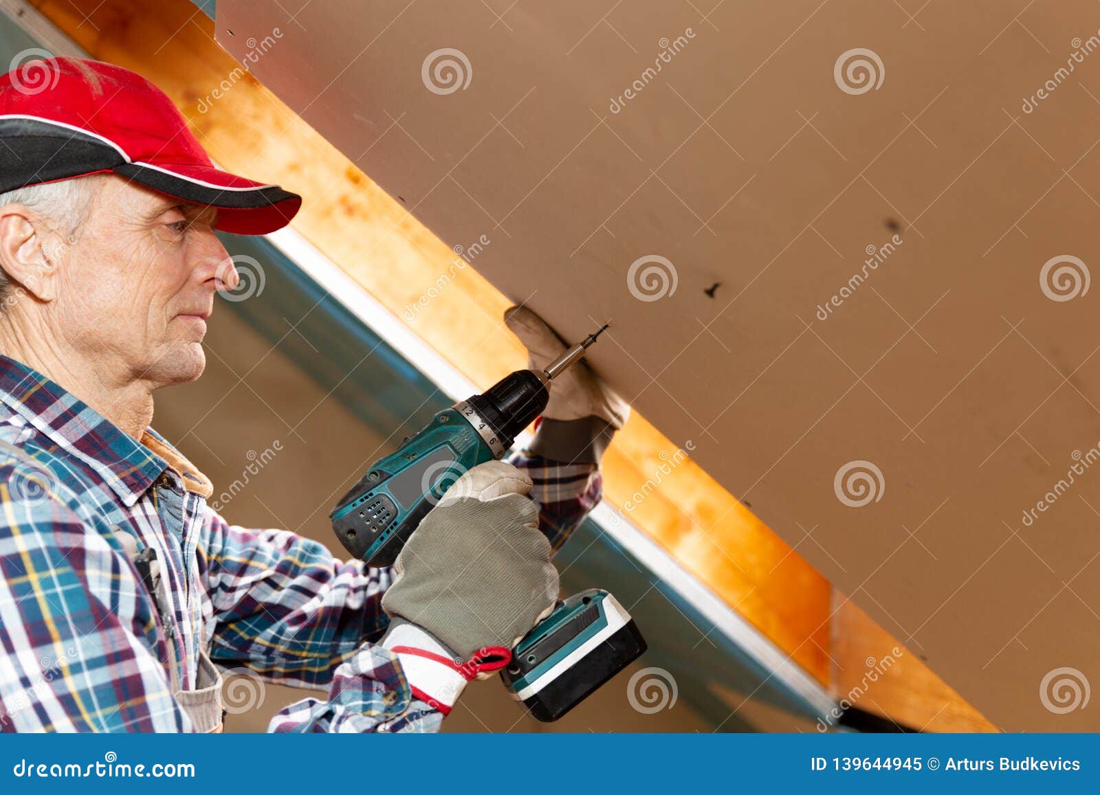 Drywall Construction Attic Renovation Man Fixing Drywall