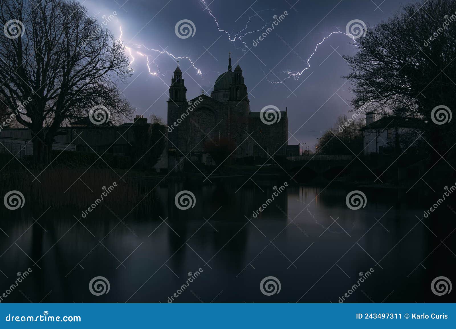 Thunderstorm and Lightning Strikes Over Galway Cathedral by Corrib