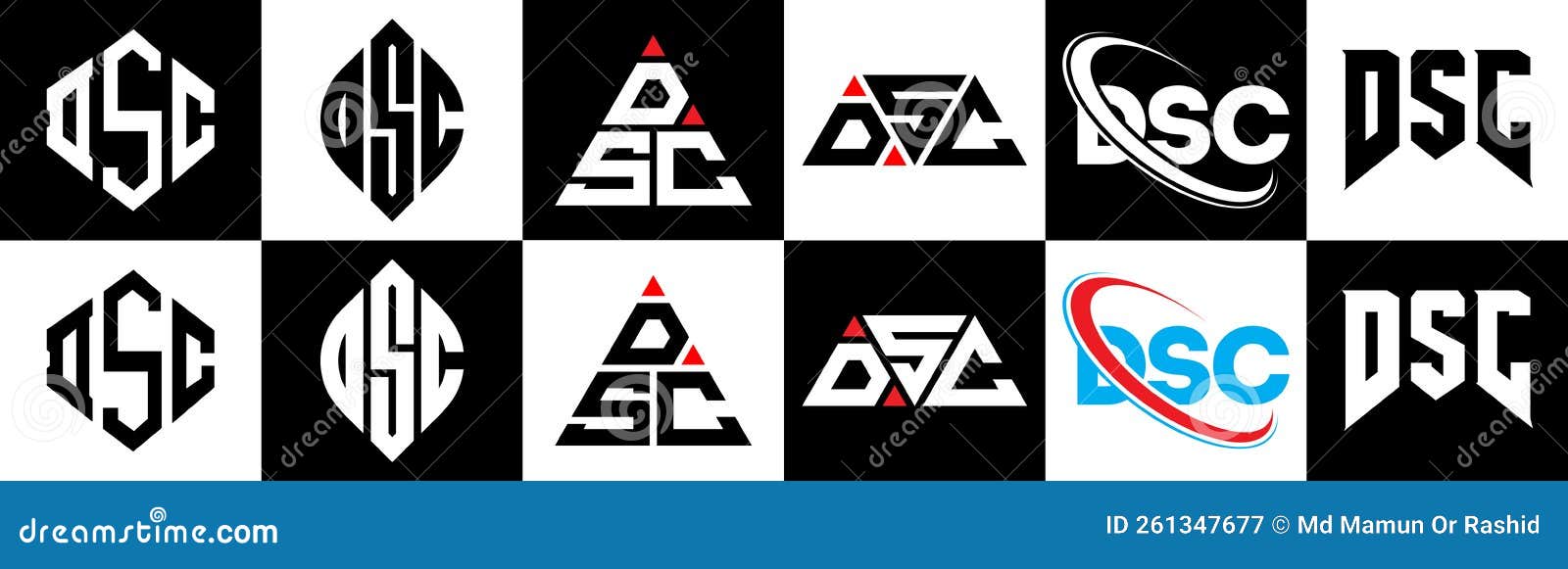 dsc letter logo  in six style. dsc polygon, circle, triangle, hexagon, flat and simple style with black and white color