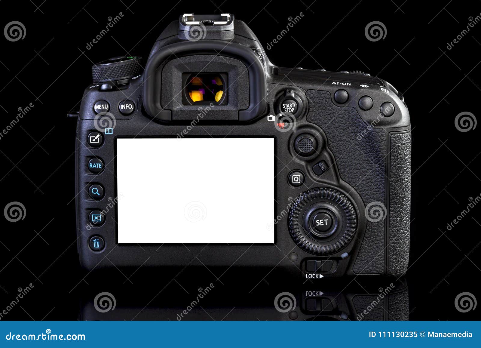 DSLR Camera on Black Glass Background Stock Image - Image of press, hobby:  111130235
